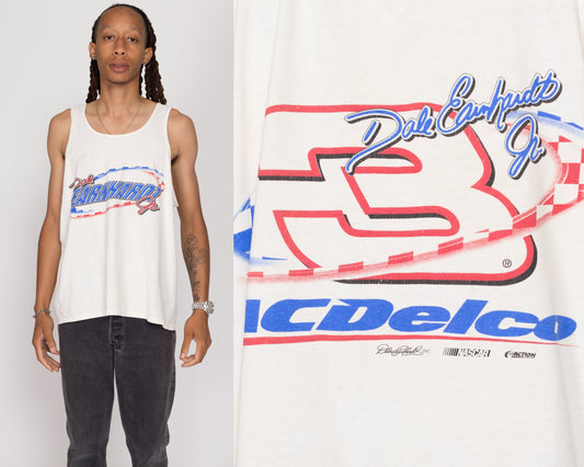XL 90s Dale Earnhardt Jr NASCAR Tank Top | Vintage Chase White Graphic Race Car Sleeveless Muscle Shirt