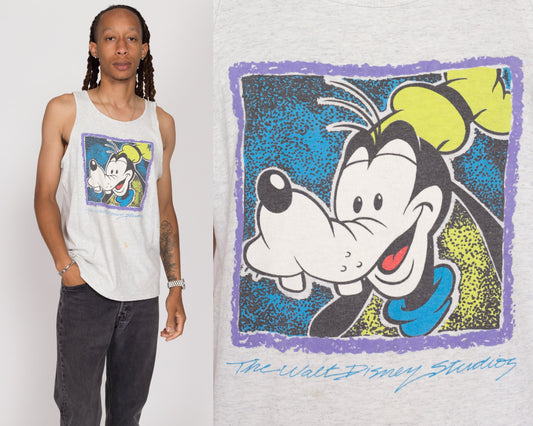 Large 90s Goofy Tank Top | Vintage Walt Disney World California Heather Gray Cartoon Muscle Shirt