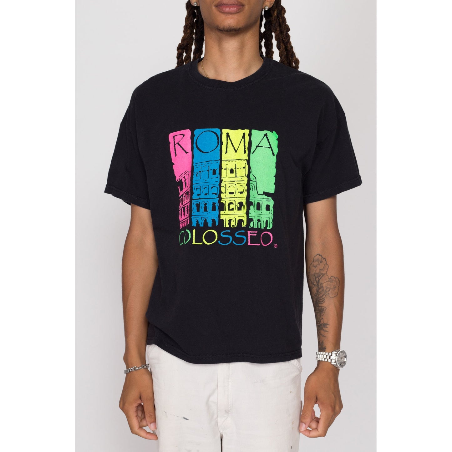 Large 90s Roma Colosseo T Shirt | Vintage Rome Italy Black Neon Graphic Tourist Tee