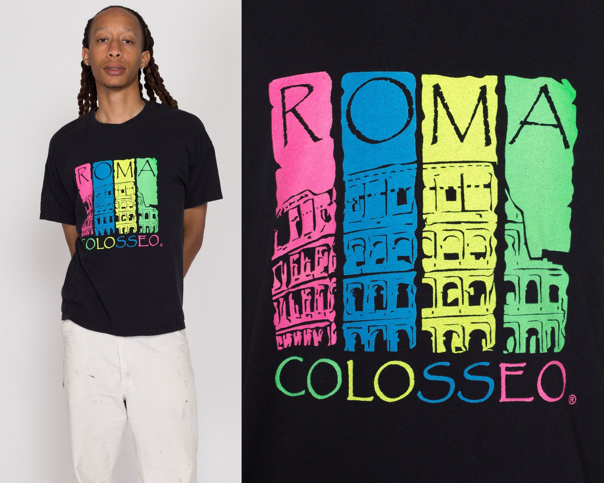 Large 90s Roma Colosseo T Shirt | Vintage Rome Italy Black Neon Graphic Tourist Tee
