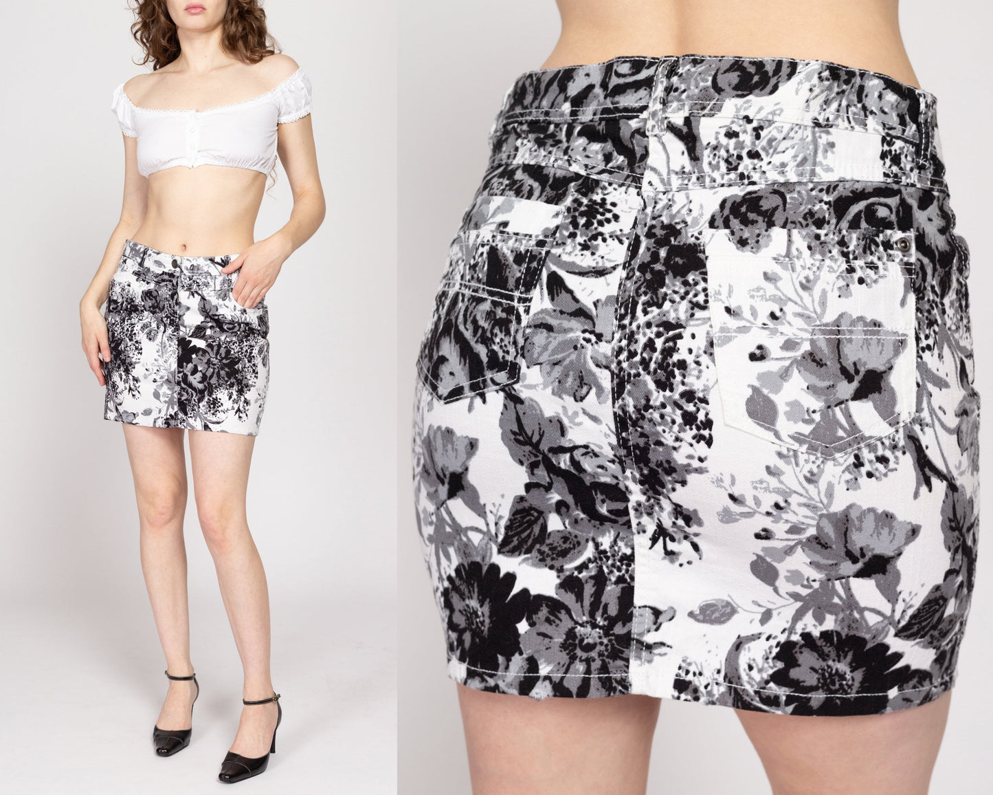 Medium Y2K Black & White Floral Denim Mini Skirt | Vintage Low Waist Stretchy Jean Skirt
