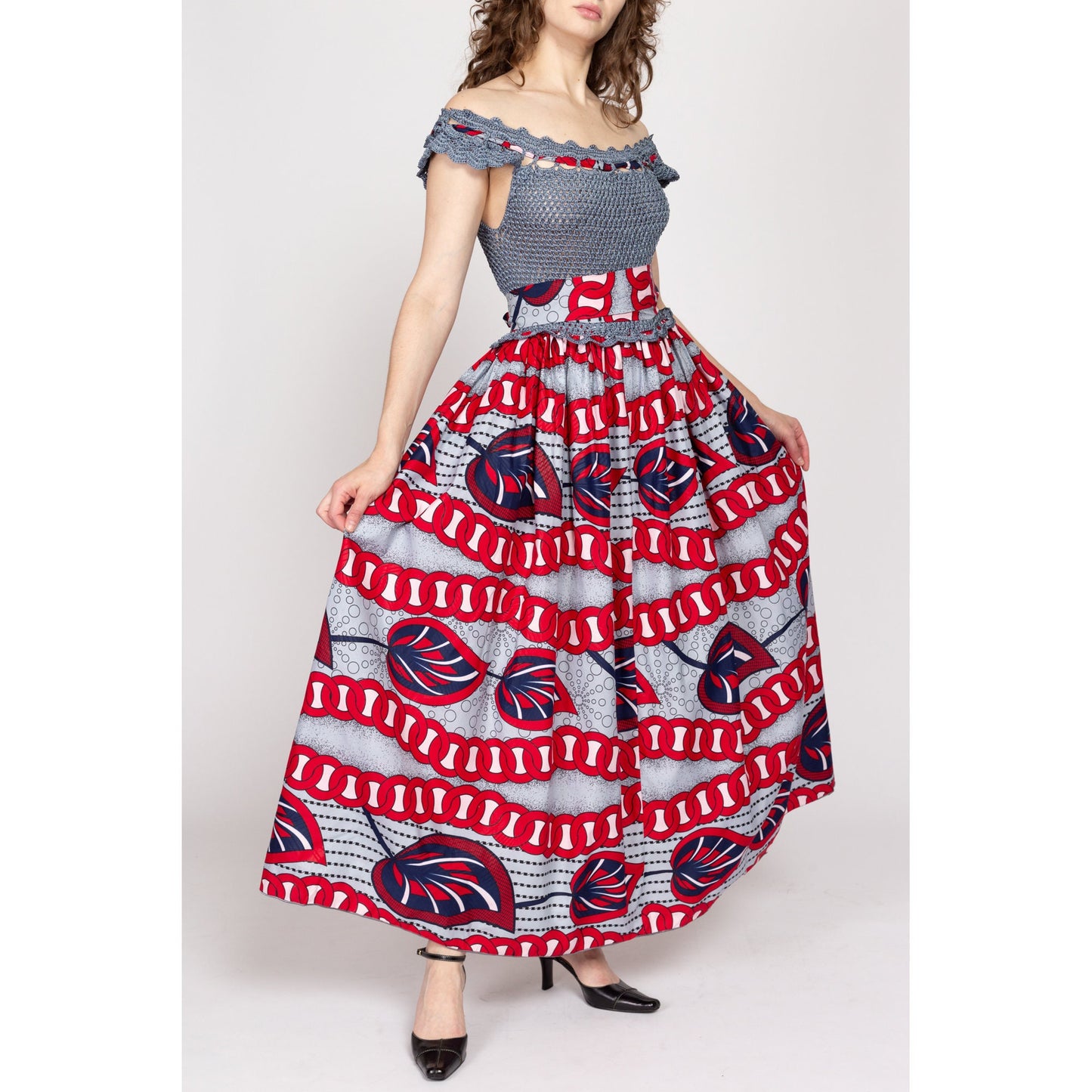 Sm-Med Vintage Crochet Ankara Print Maxi Sundress | Blue Grey Red Cotton African Wax Print Boho Fit & Flare Dress
