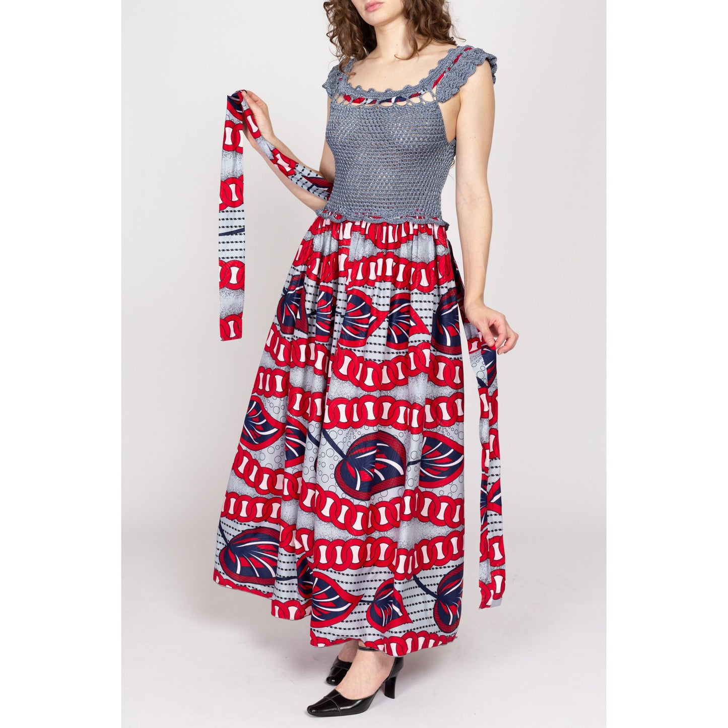 Sm-Med Vintage Crochet Ankara Print Maxi Sundress | Blue Grey Red Cotton African Wax Print Boho Fit & Flare Dress