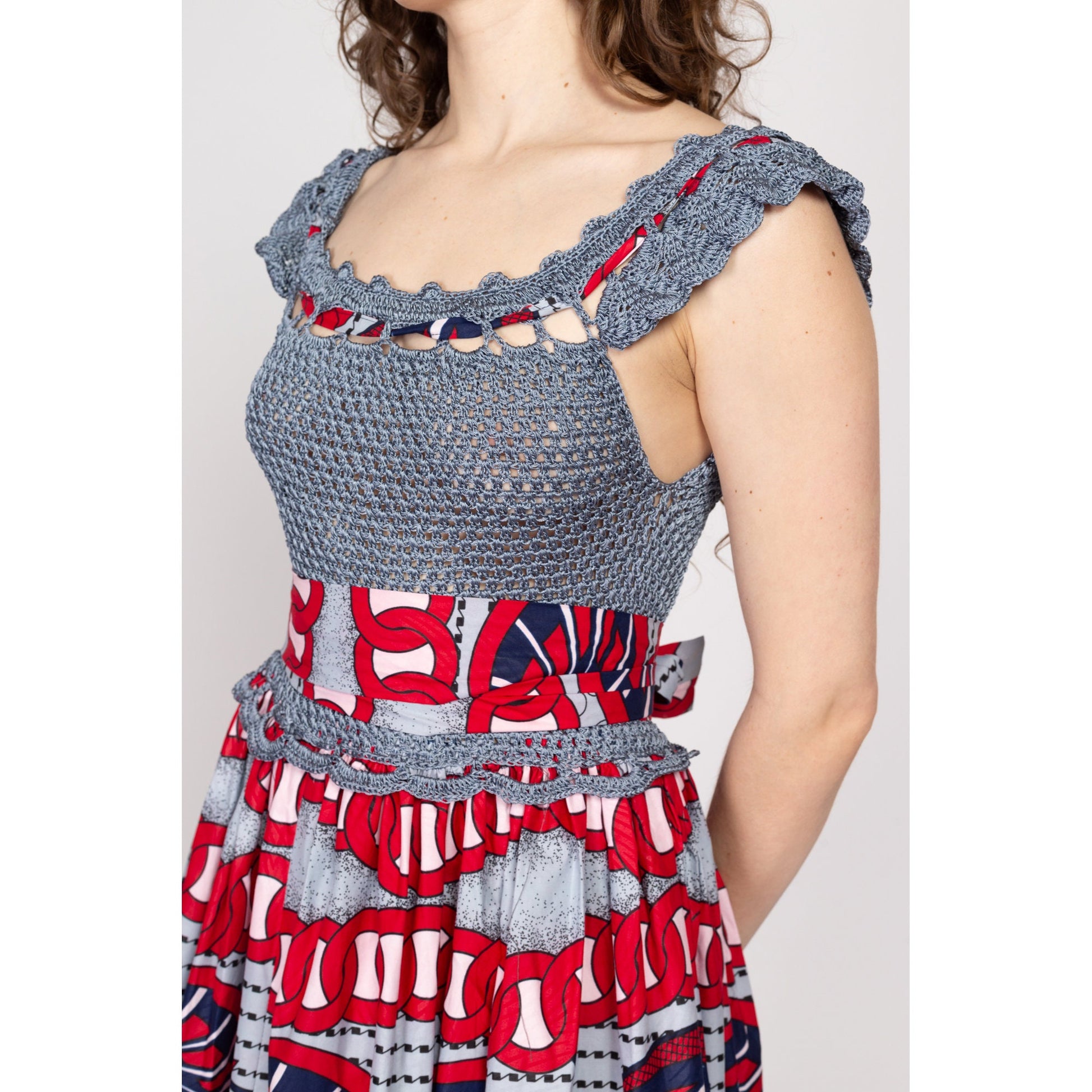 Sm-Med Vintage Crochet Ankara Print Maxi Sundress | Blue Grey Red Cotton African Wax Print Boho Fit & Flare Dress