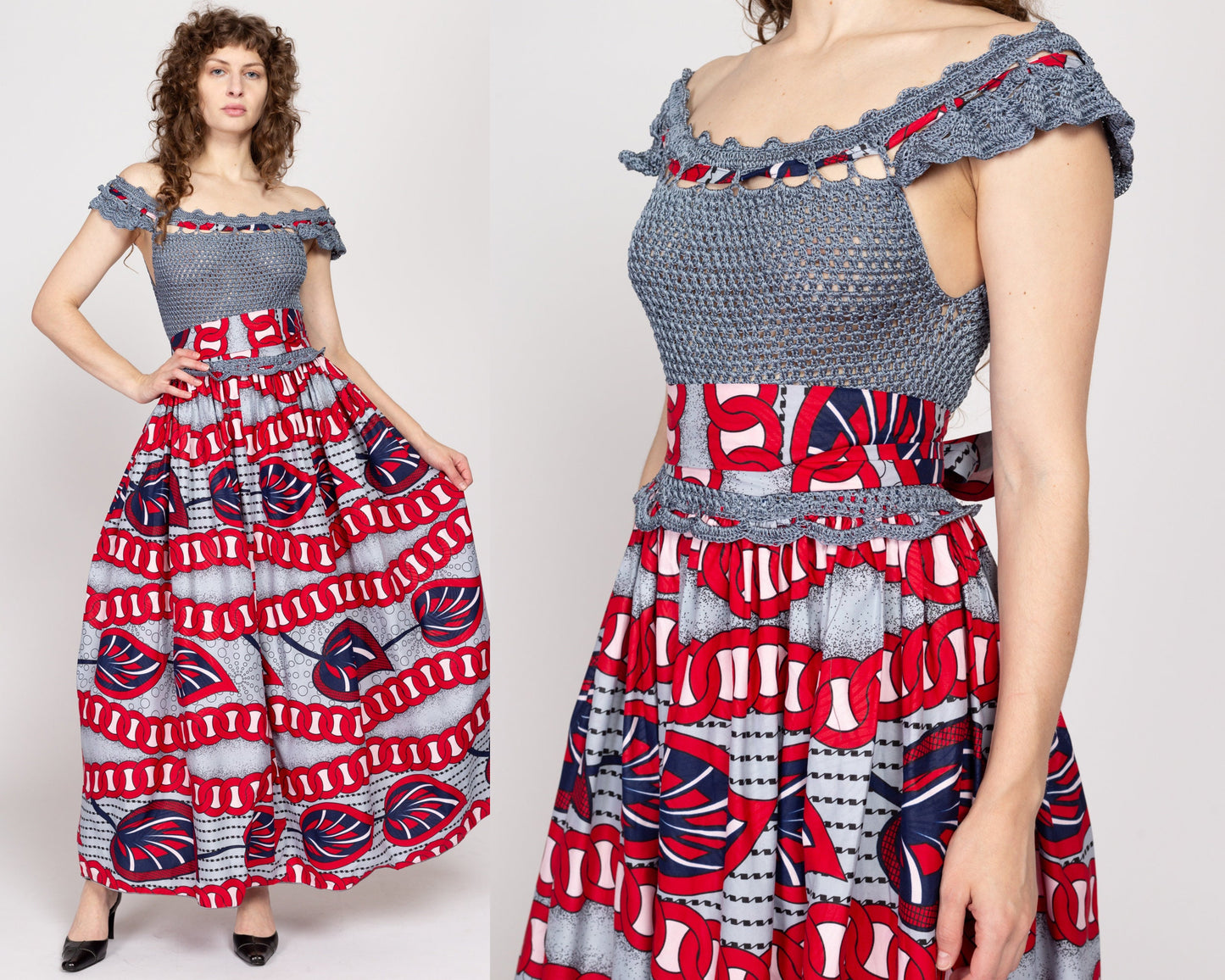Sm-Med Vintage Crochet Ankara Print Maxi Sundress | Blue Grey Red Cotton African Wax Print Boho Fit & Flare Dress