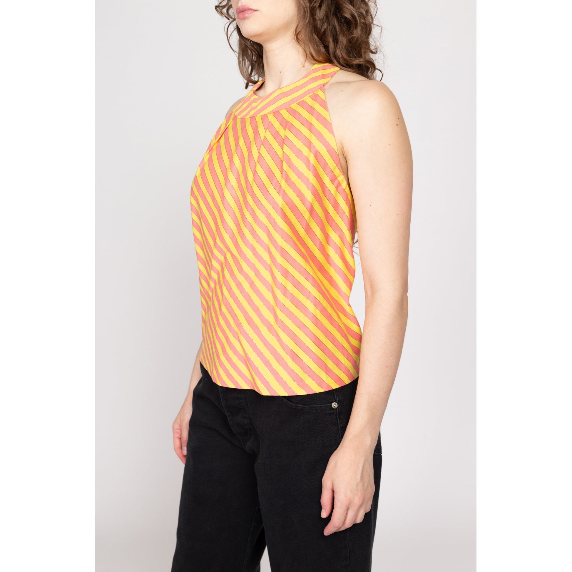 Large Y2K Pink & Yellow Striped Halter Top | Vintage Low Back Metallic Summer Shirt