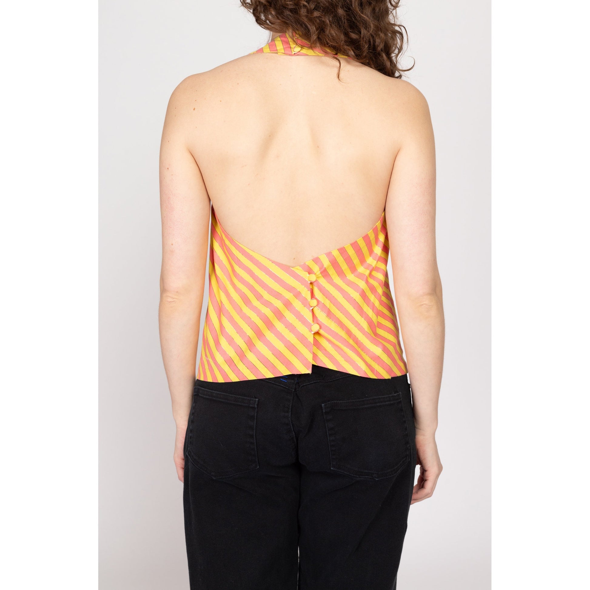 Large Y2K Pink & Yellow Striped Halter Top | Vintage Low Back Metallic Summer Shirt