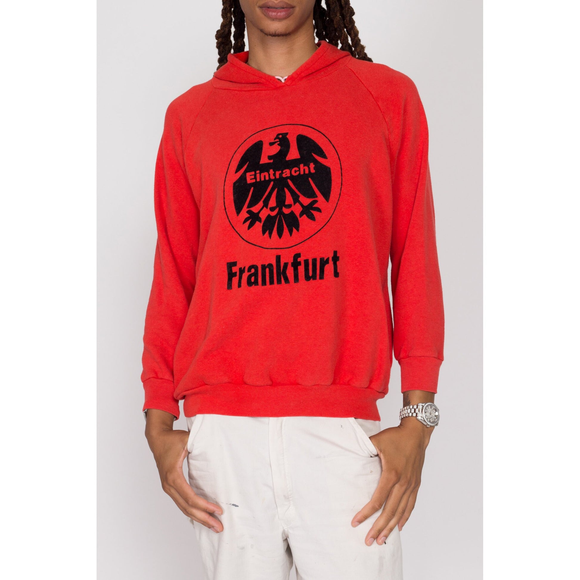 Medium 80s Eintracht Frankfurt Football Club Hoodie | Vintage Red Hooded Germany Soccer Team Sweatshirt