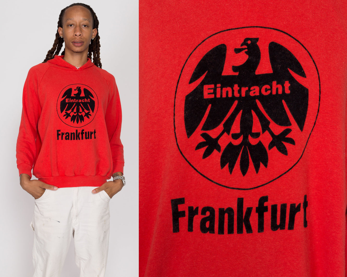 Medium 80s Eintracht Frankfurt Football Club Hoodie | Vintage Red Hooded Germany Soccer Team Sweatshirt