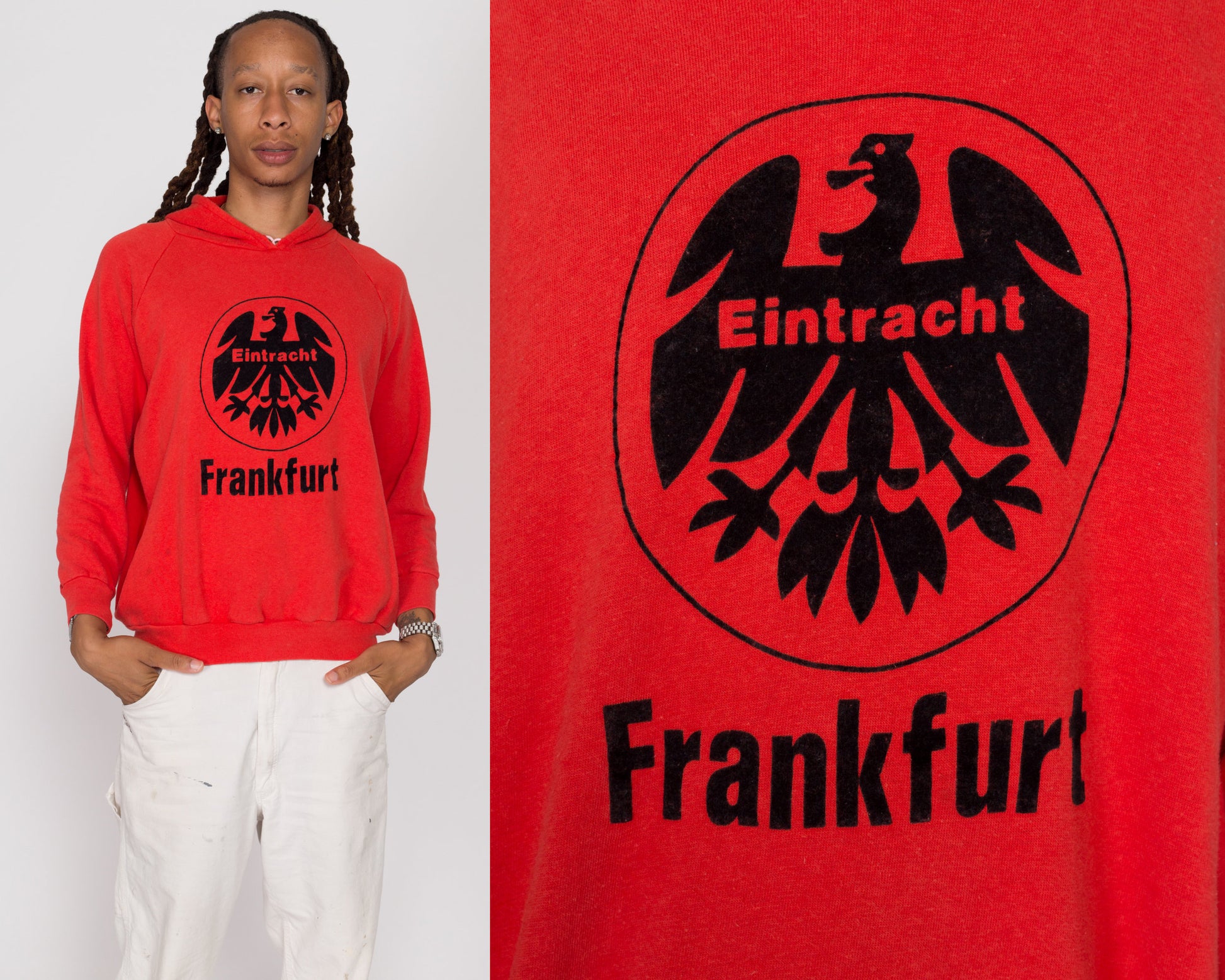 Medium 80s Eintracht Frankfurt Football Club Hoodie | Vintage Red Hooded Germany Soccer Team Sweatshirt