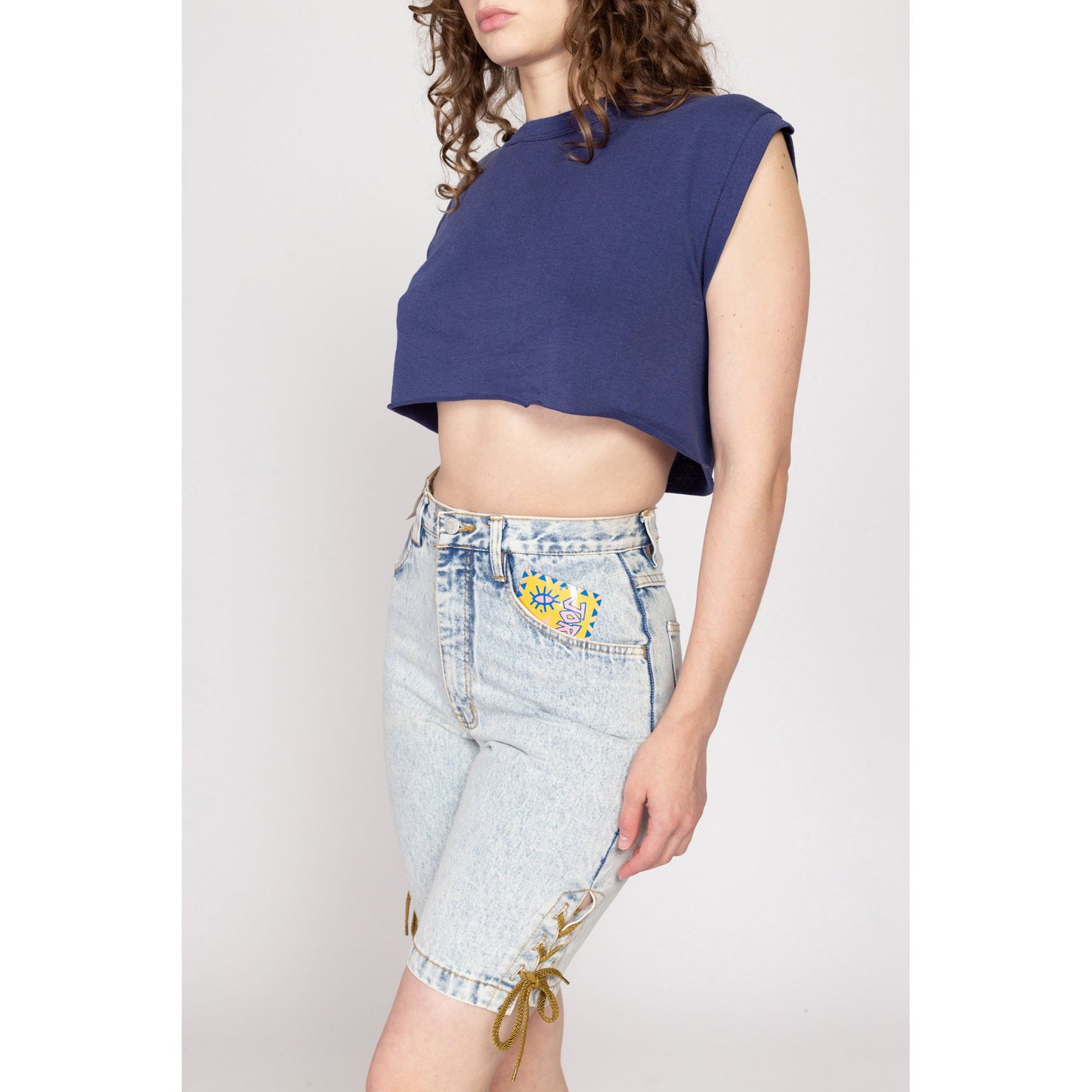 Small 80s Jordache Acid Wash Lace Up Jean Shorts NWT 27" | Vintage Streetwear High Waisted Light Wash Denim Long Inseam Shorts