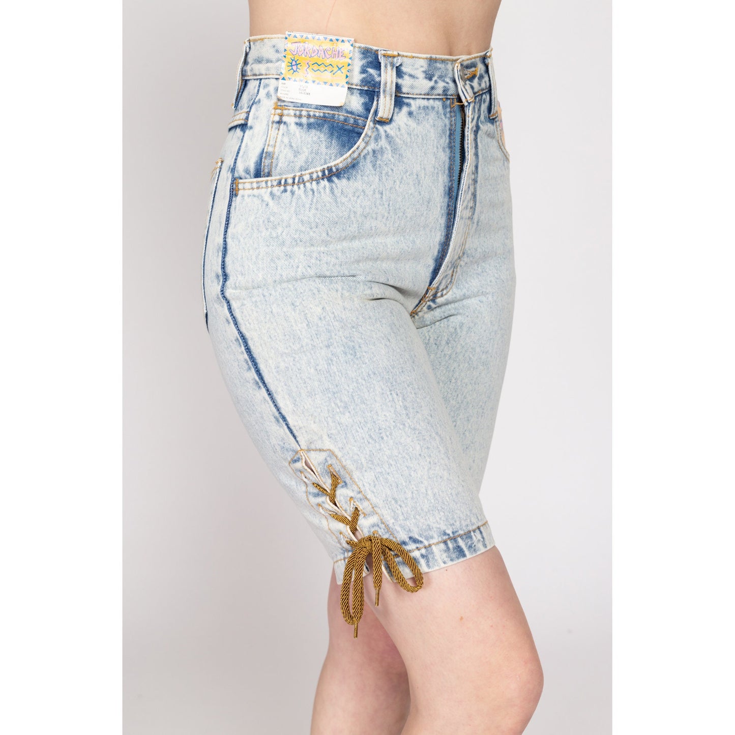 Small 80s Jordache Acid Wash Lace Up Jean Shorts NWT 27" | Vintage Streetwear High Waisted Light Wash Denim Long Inseam Shorts