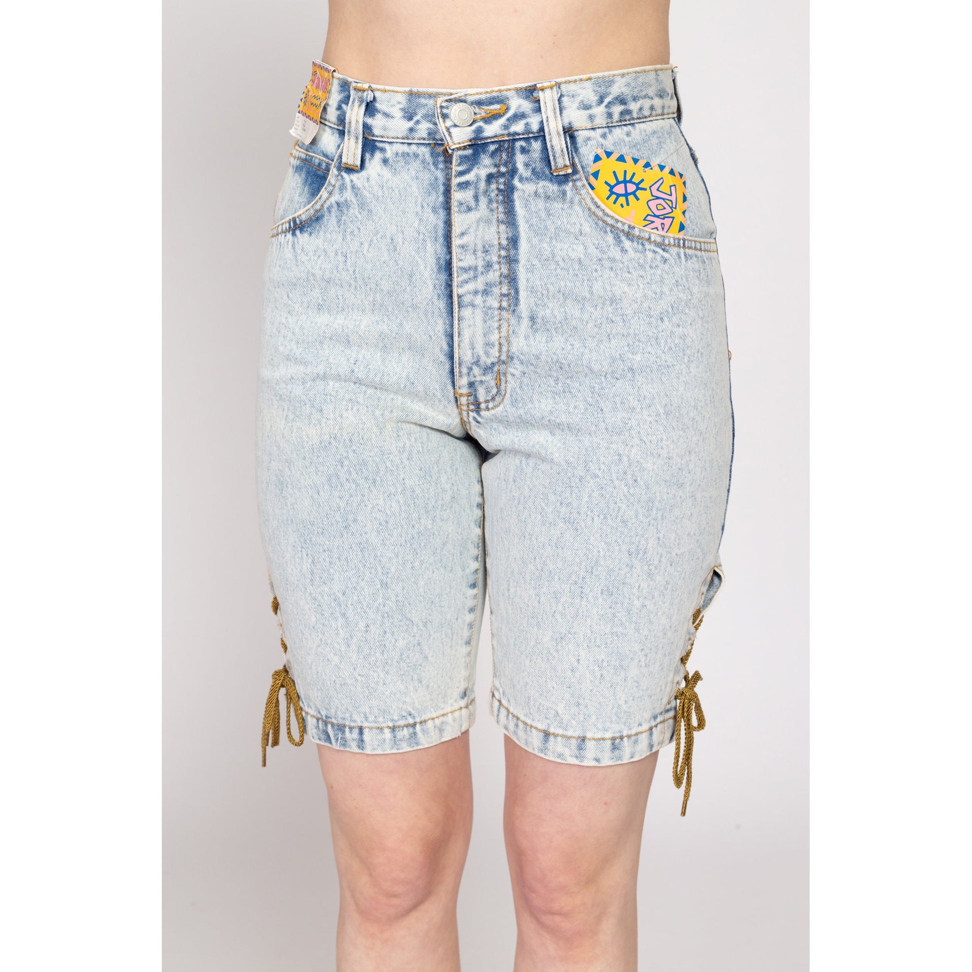 Small 80s Jordache Acid Wash Lace Up Jean Shorts NWT 27" | Vintage Streetwear High Waisted Light Wash Denim Long Inseam Shorts