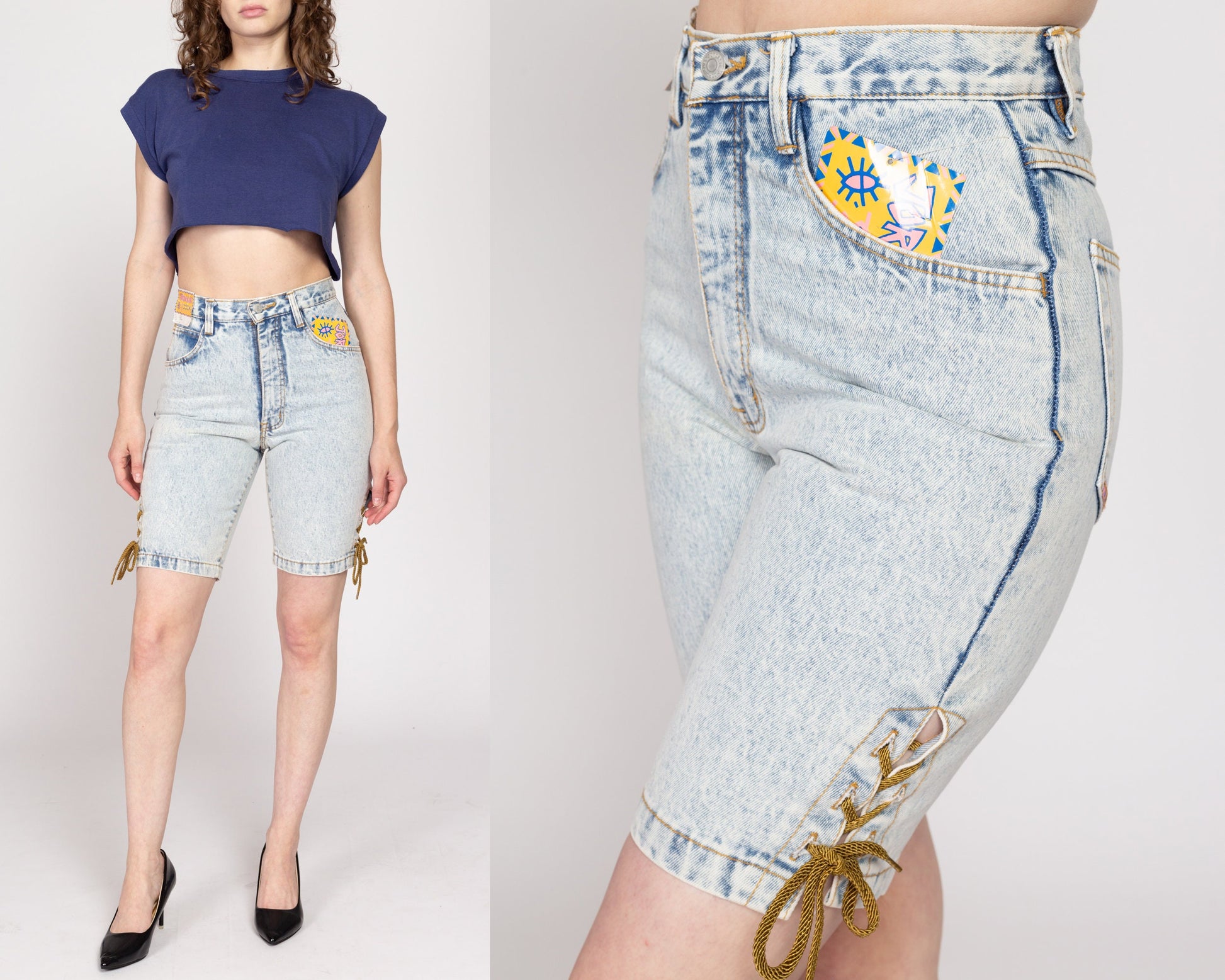 Small 80s Jordache Acid Wash Lace Up Jean Shorts NWT 27" | Vintage Streetwear High Waisted Light Wash Denim Long Inseam Shorts