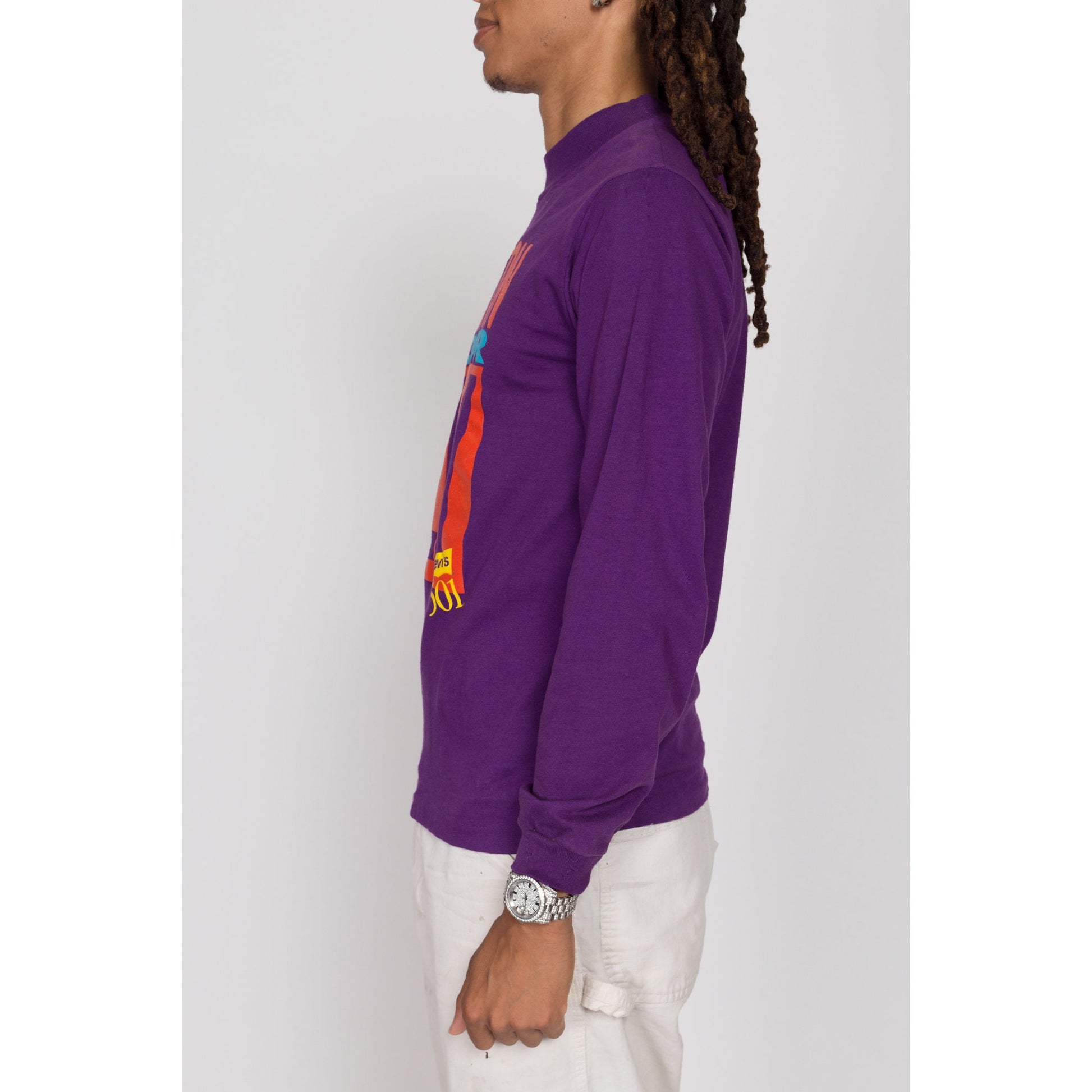 Medium 90s Levi's "Button Your Fly" Long Sleeve T Shirt | Vintage Purple Levis Graphic High Crew Neck Tee