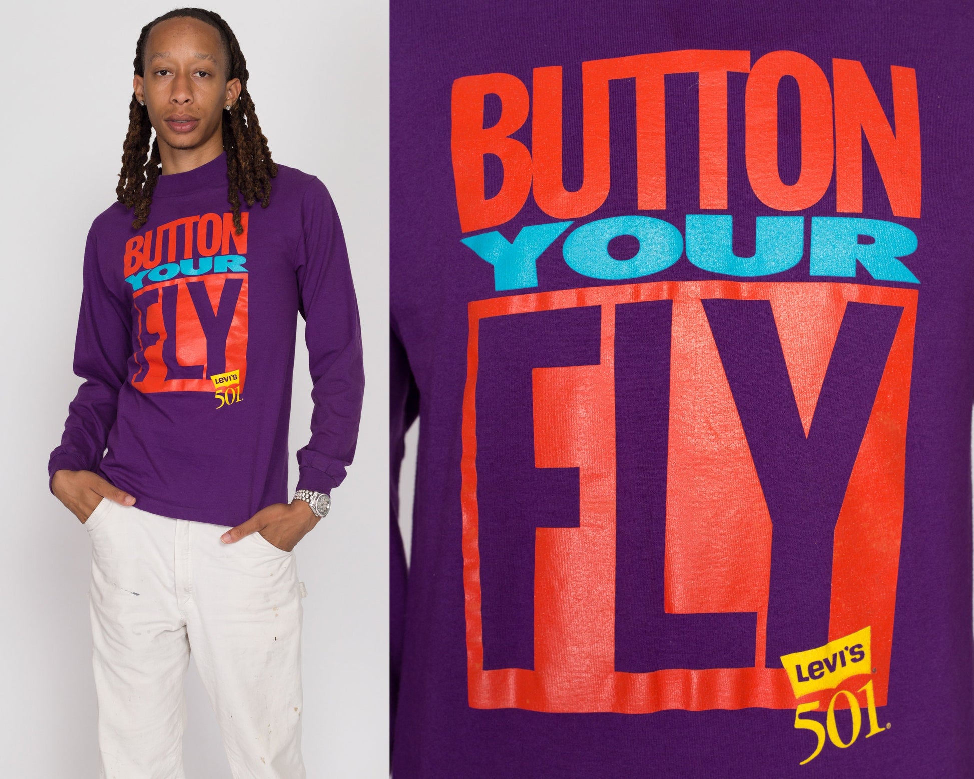 Medium 90s Levi's "Button Your Fly" Long Sleeve T Shirt | Vintage Purple Levis Graphic High Crew Neck Tee