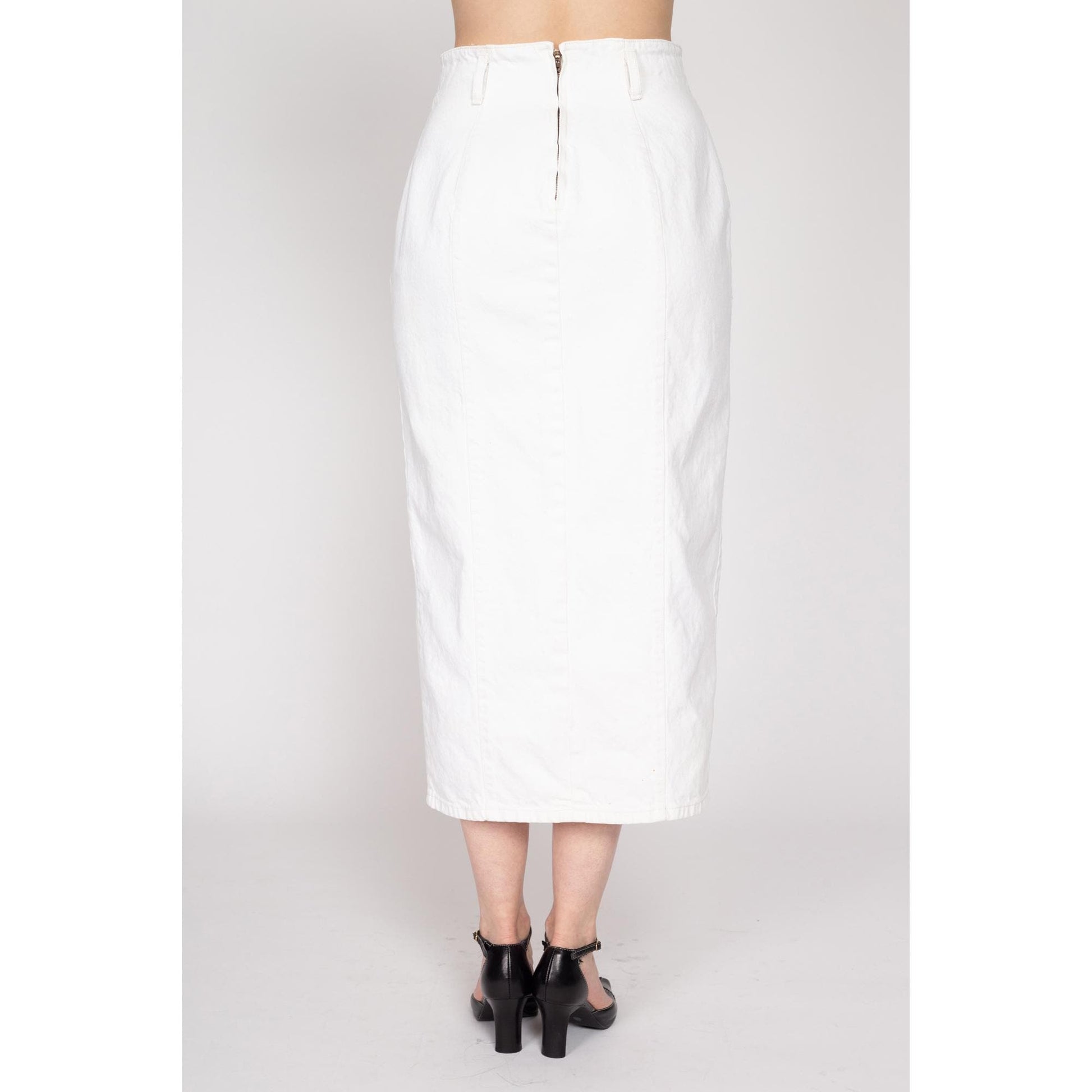 Medium 80s Guess White Denim Maxi Skirt 28" | Vintage High Waisted Fitted Long Jean Skirt