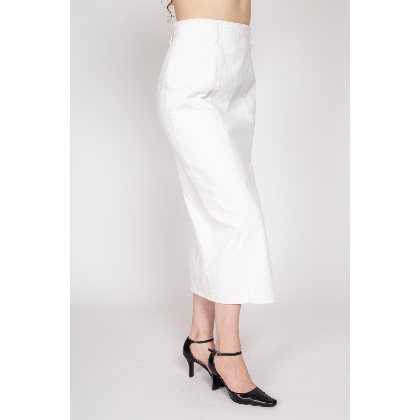 Medium 80s Guess White Denim Maxi Skirt 28" | Vintage High Waisted Fitted Long Jean Skirt