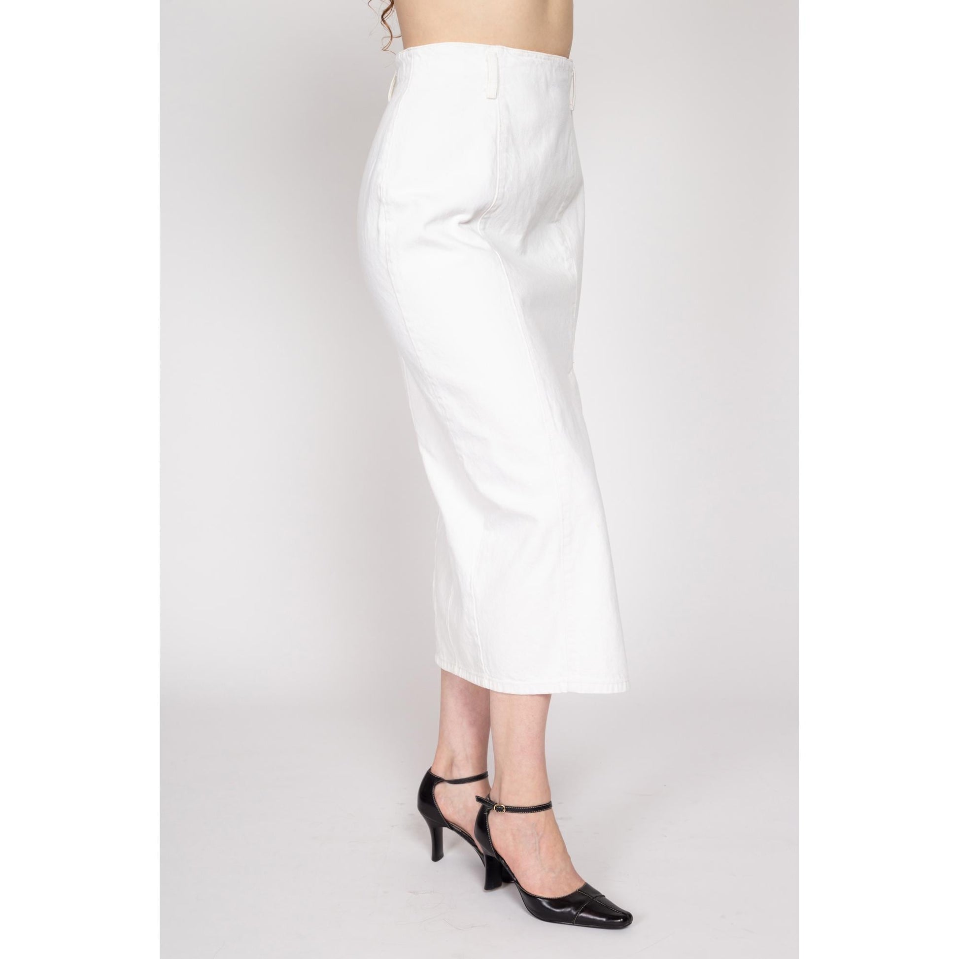 Medium 80s Guess White Denim Maxi Skirt 28" | Vintage High Waisted Fitted Long Jean Skirt