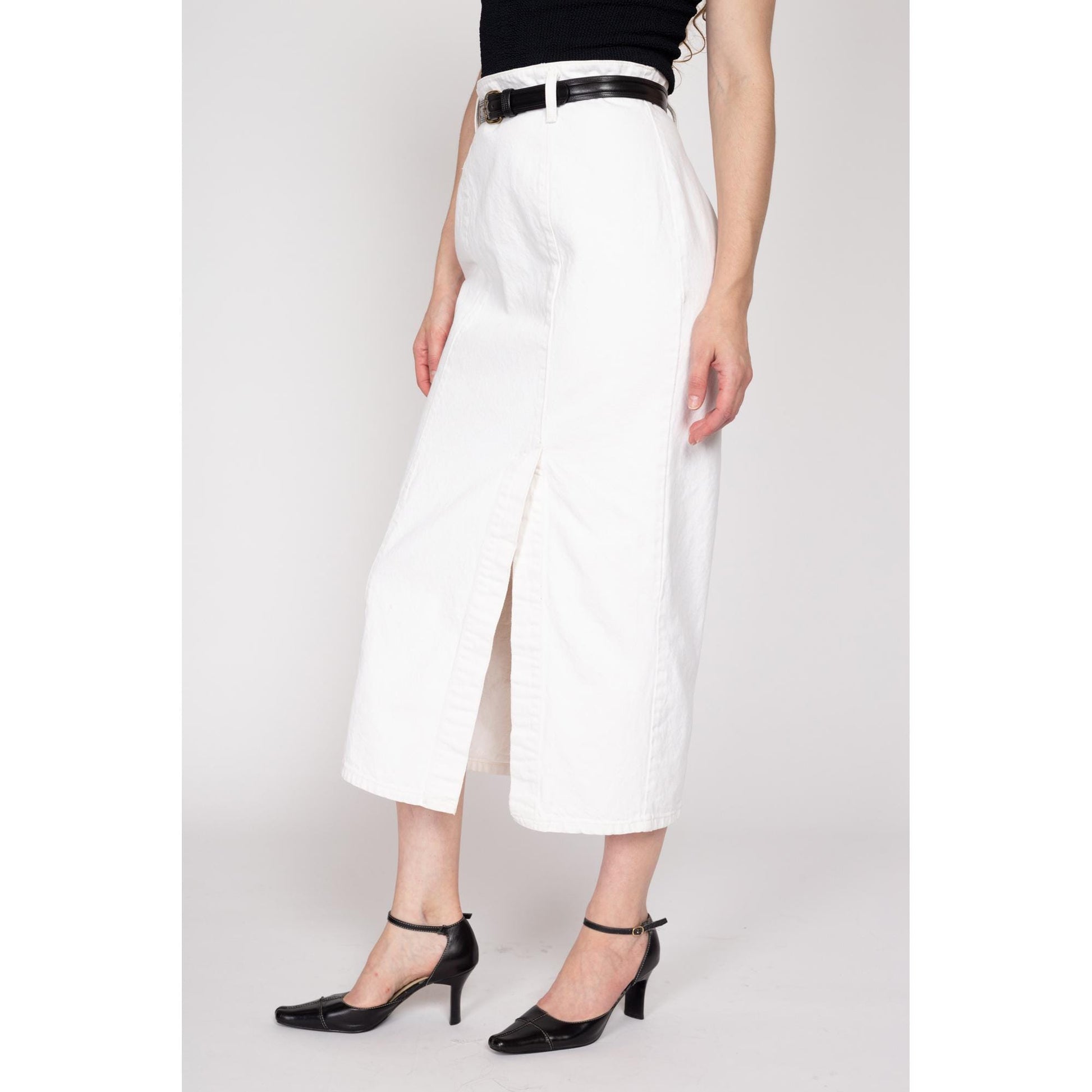 Medium 80s Guess White Denim Maxi Skirt 28" | Vintage High Waisted Fitted Long Jean Skirt