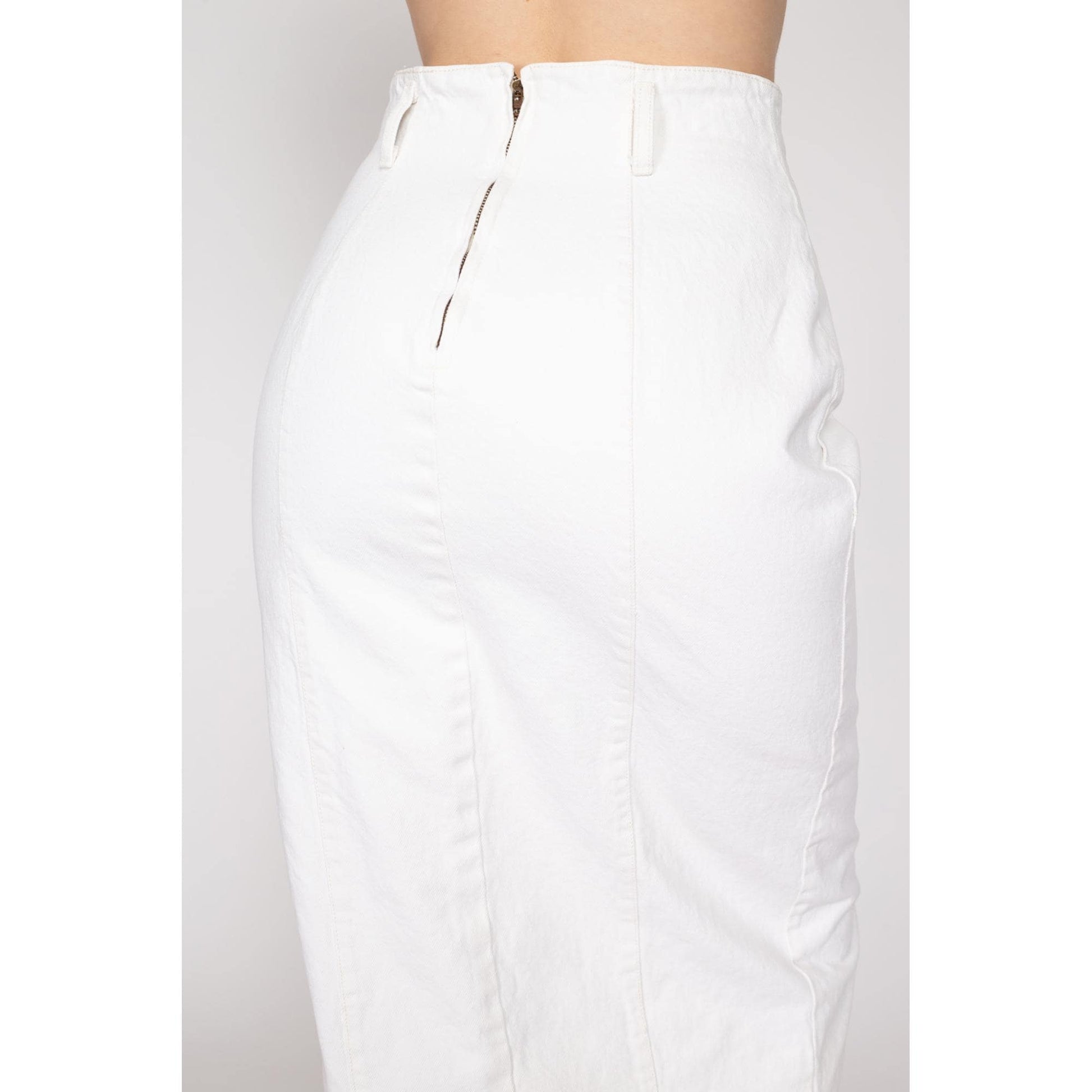 Medium 80s Guess White Denim Maxi Skirt 28" | Vintage High Waisted Fitted Long Jean Skirt