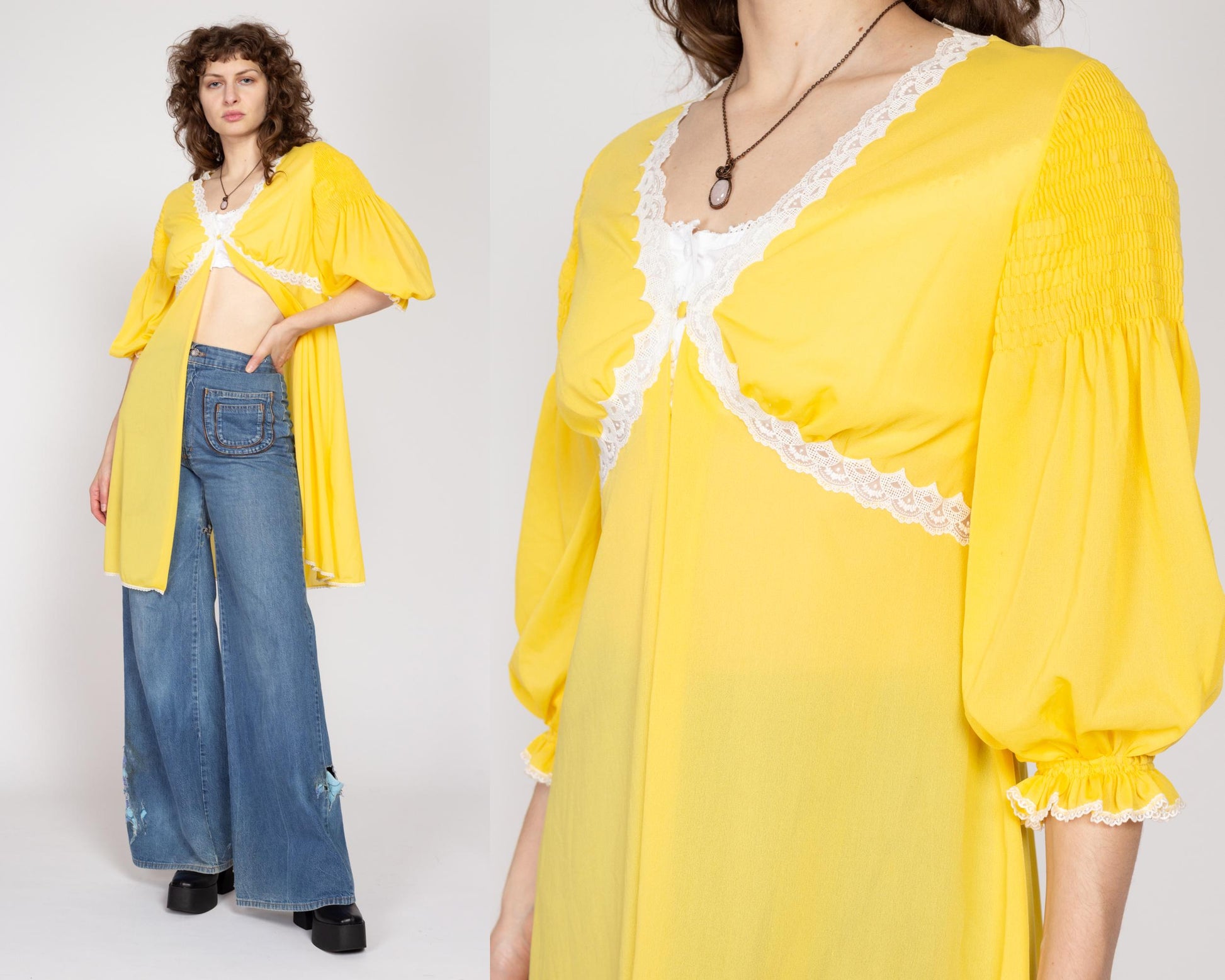 Sm-Med 70s Yellow Balloon Sleeve Peignoir Robe | Vintage Lace Trim Midi Negligee Dressing Gown