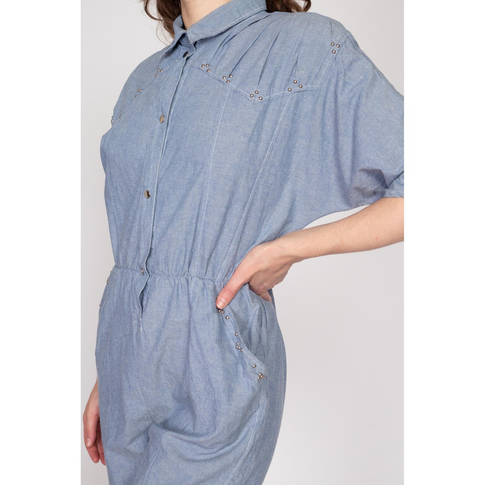 Med-Lrg 80s Chambray Devil Brigade Jumpsuit | Vintage Blue Collared Tapered Leg Flight Suit