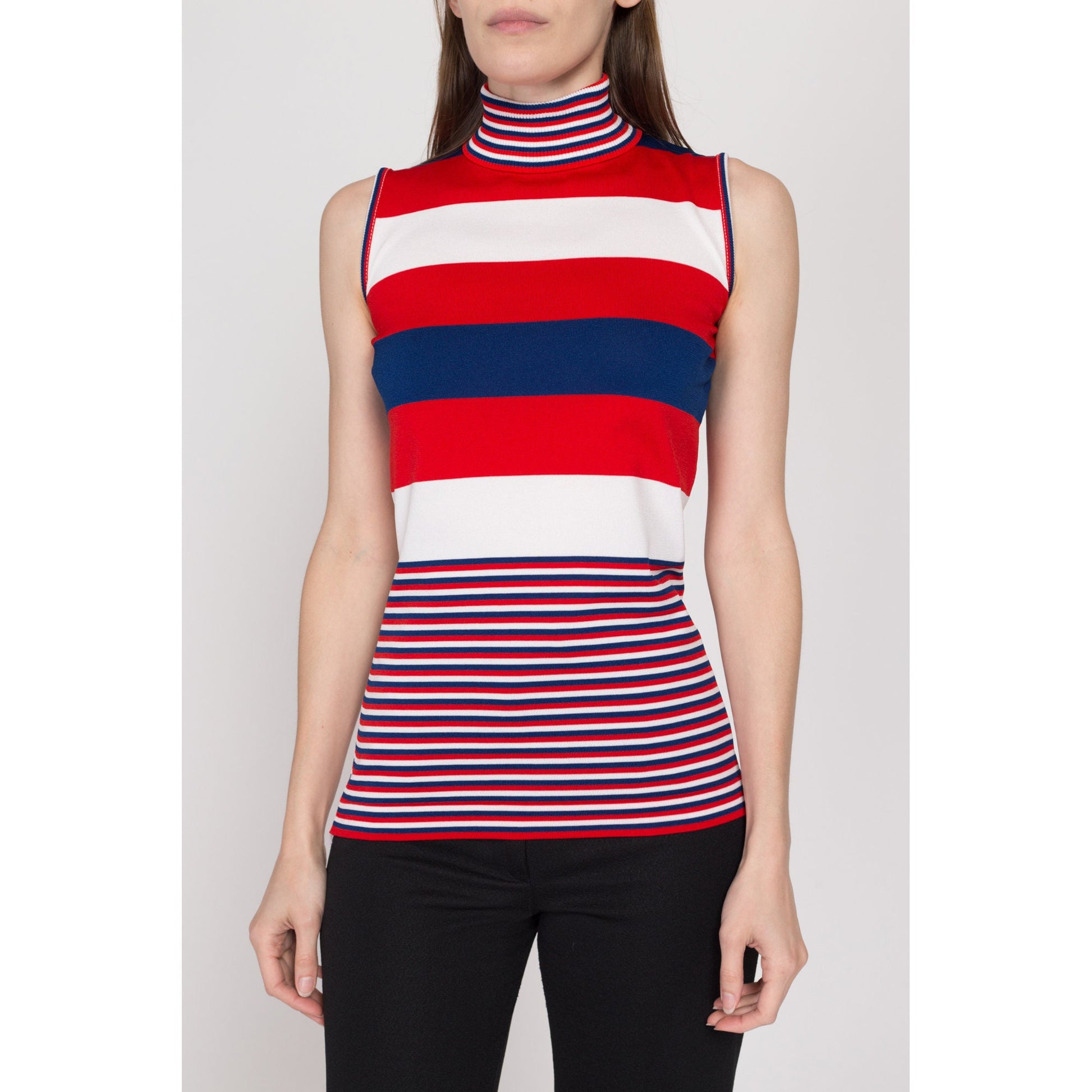XS 70s Mod Red White & Blue Striped Turtleneck Top | Vintage Sleeveless Tank Stretchy Shirt