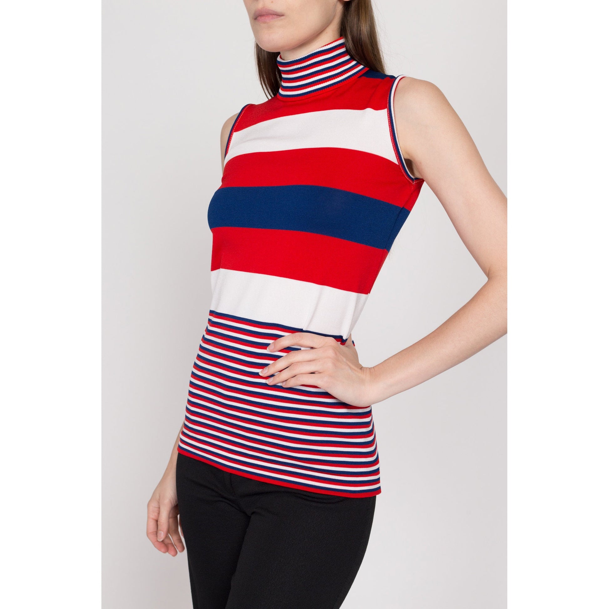XS 70s Mod Red White & Blue Striped Turtleneck Top | Vintage Sleeveless Tank Stretchy Shirt