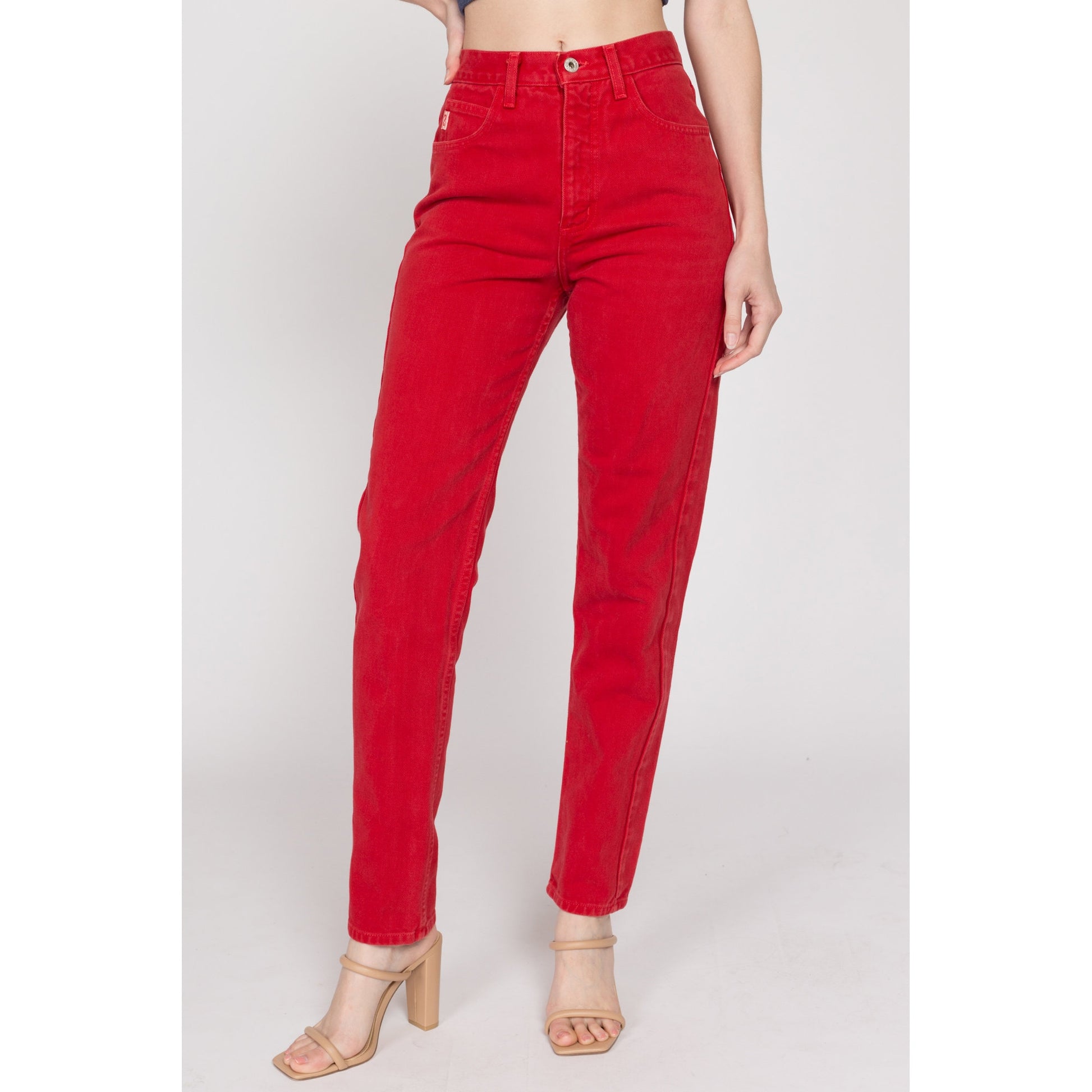 Small 90s Guess Red High Waisted Jeans 26.5" | Vintage Denim Tapered Leg Mom Jeans