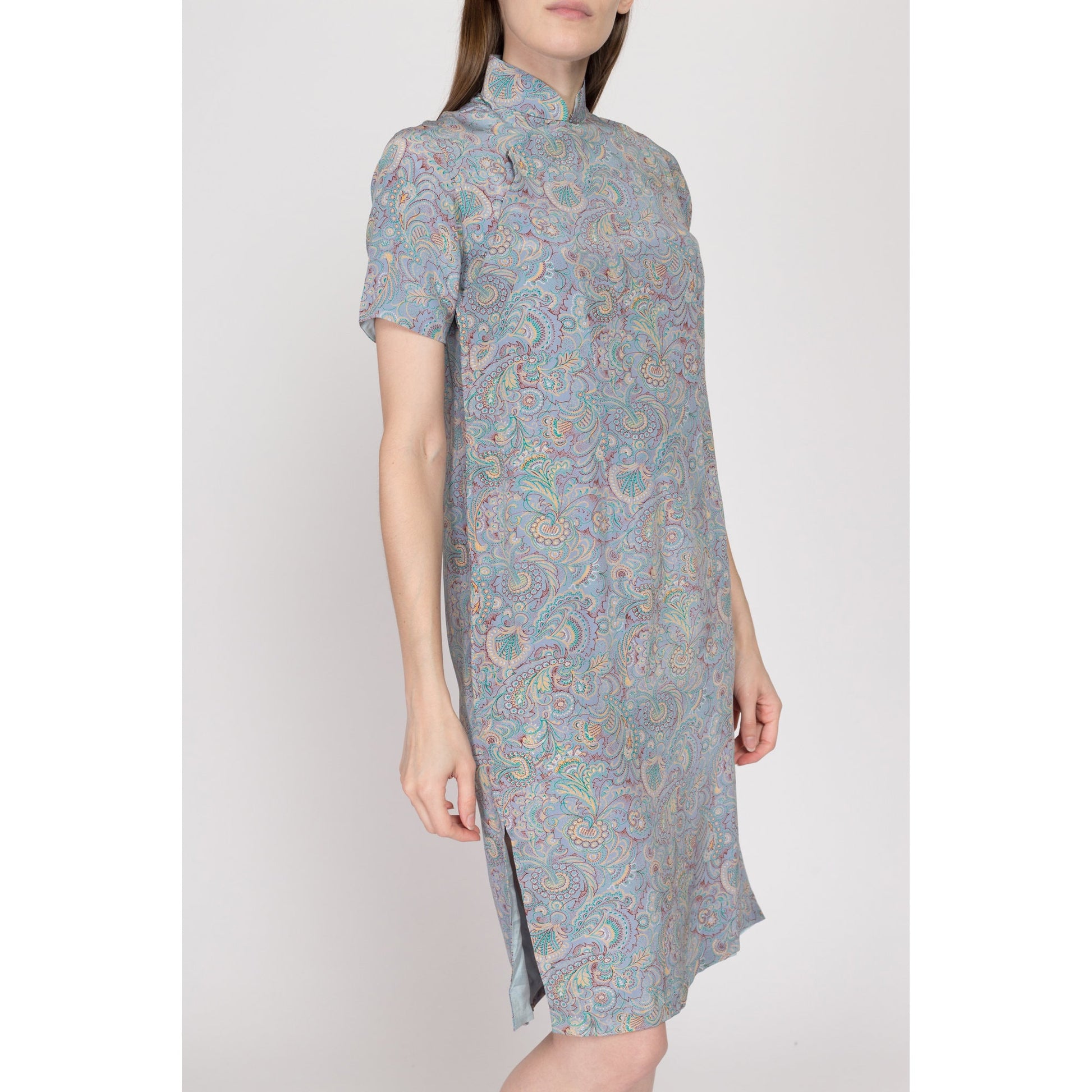 60s Blue Floral Silk Qipao Dress - Small to Medium 60s Blue Floral Silk Qipao Dress - Small to Medium