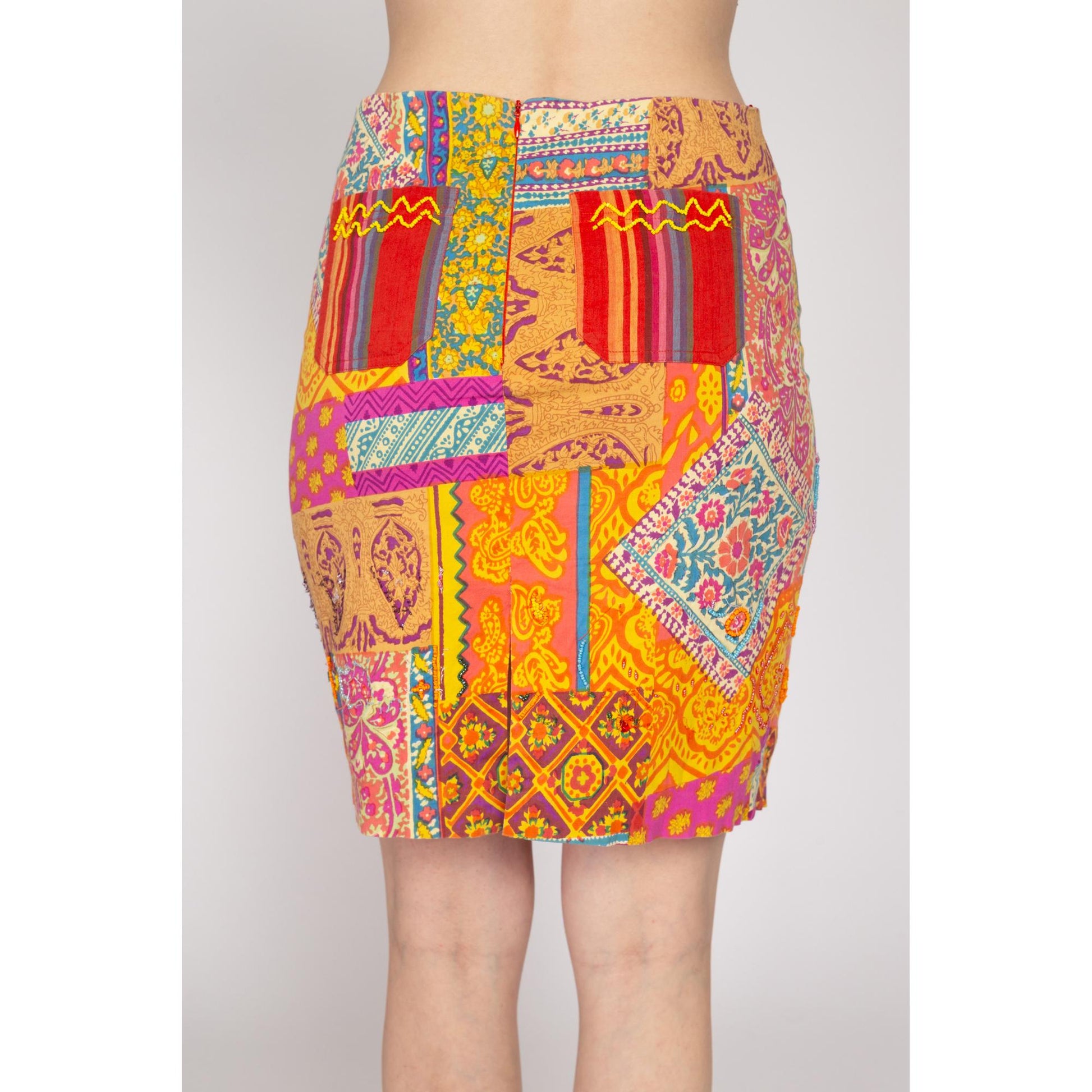 Small 90s Baroque Patchwork Print Beaded Mini Skirt | Vintage Mid Rise Boho Fitted Pencil Miniskirt