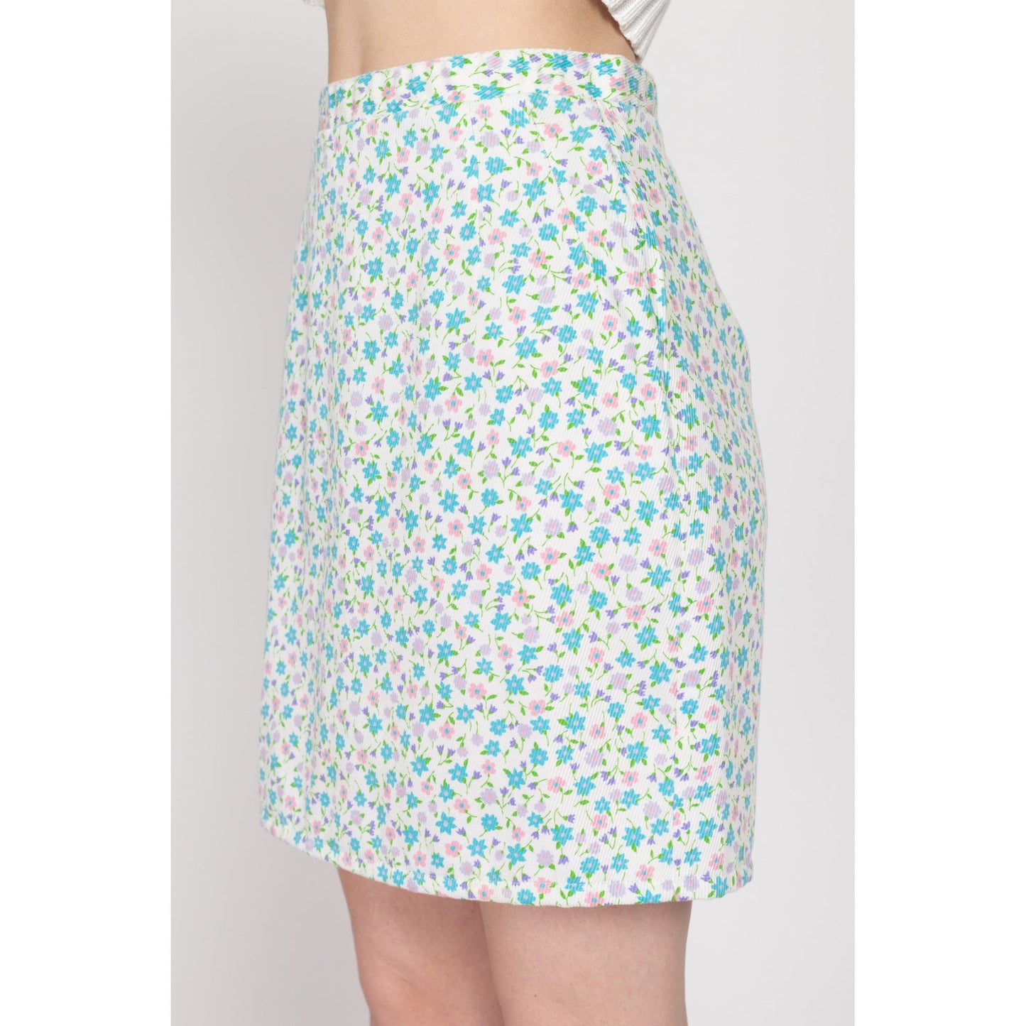 Small 60s Ditsy Floral Ribbed Mini Skirt | Vintage White Blue Pink High Waisted Boho Pencil Skirt