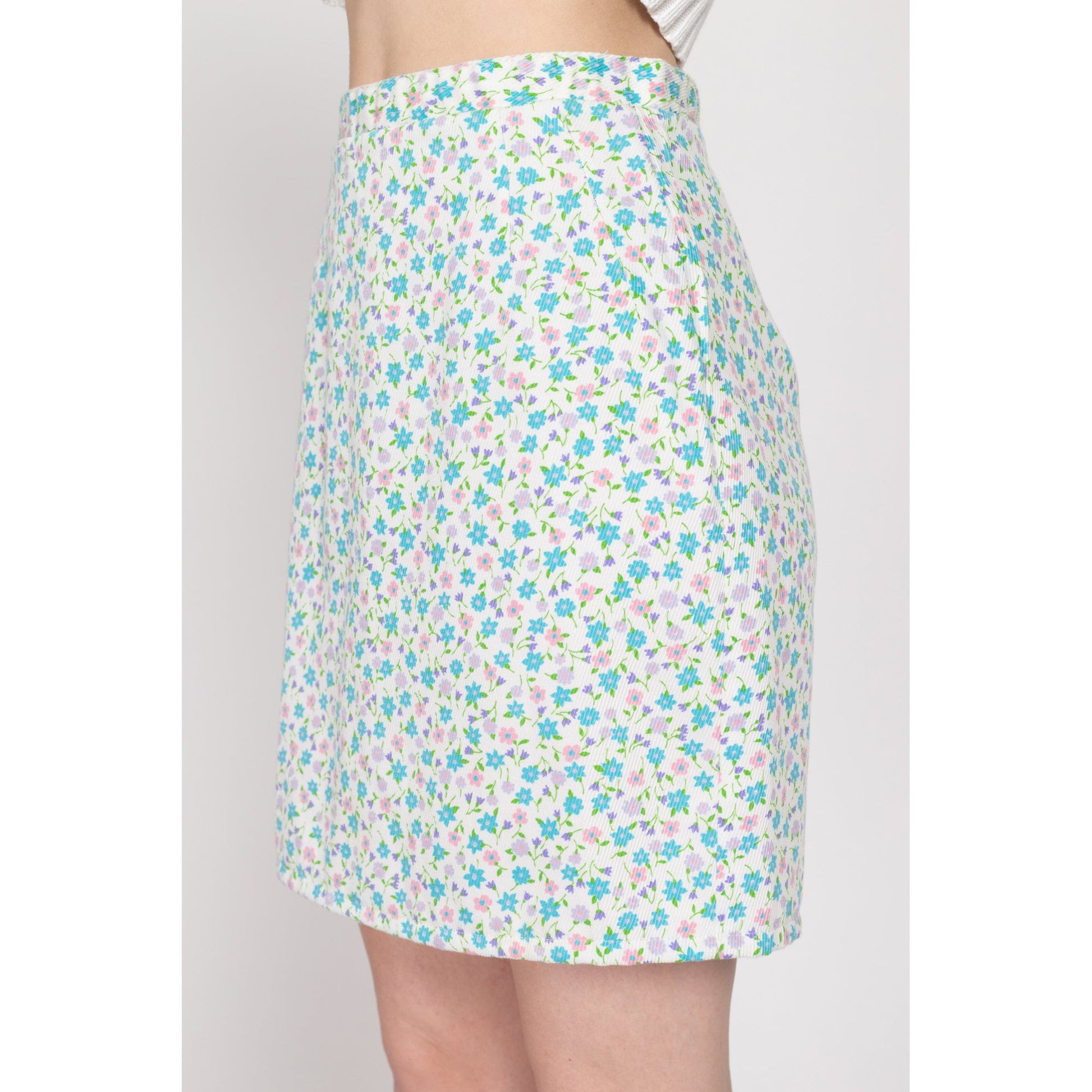 Small 60s Ditsy Floral Ribbed Mini Skirt | Vintage White Blue Pink High Waisted Boho Pencil Skirt