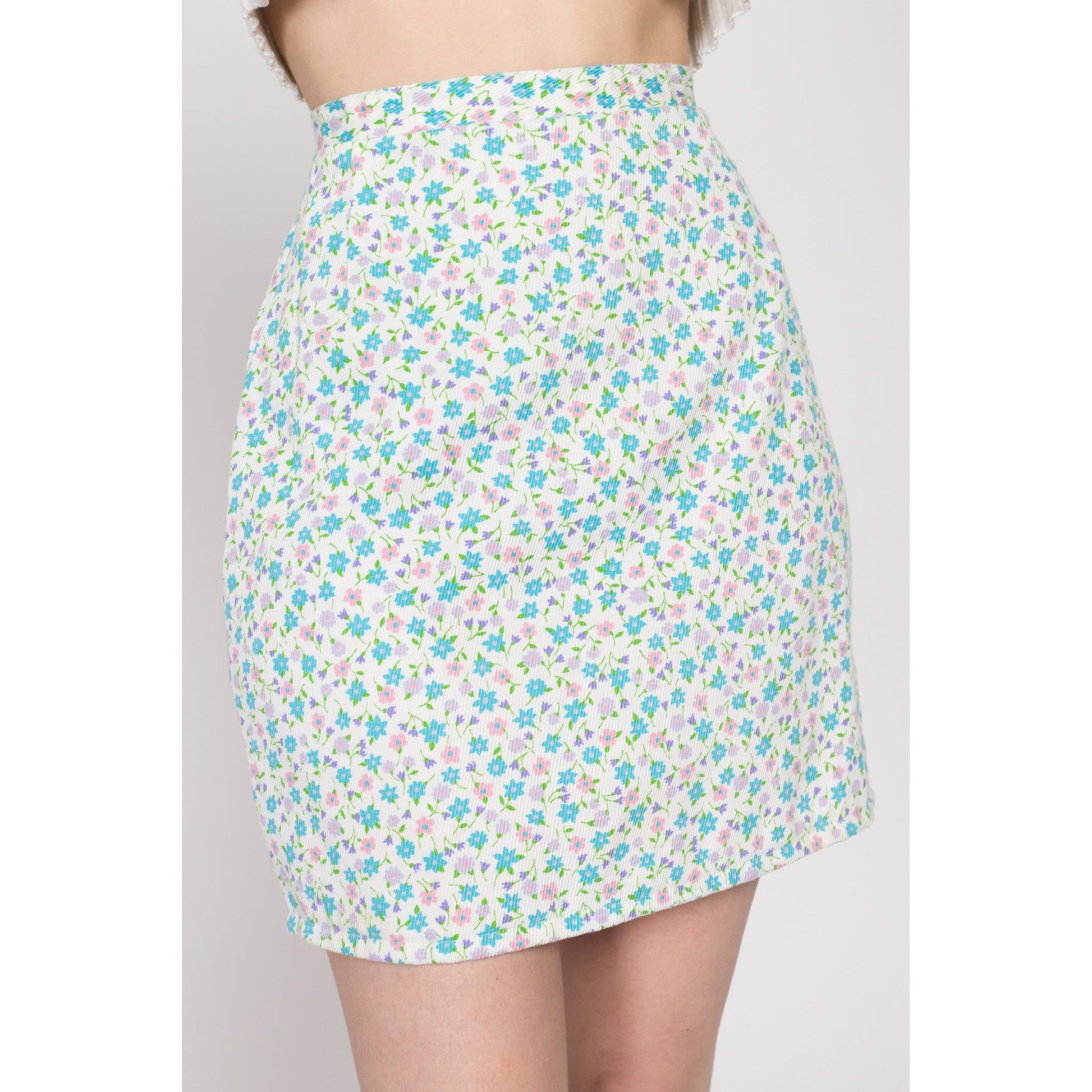 Small 60s Ditsy Floral Ribbed Mini Skirt | Vintage White Blue Pink High Waisted Boho Pencil Skirt