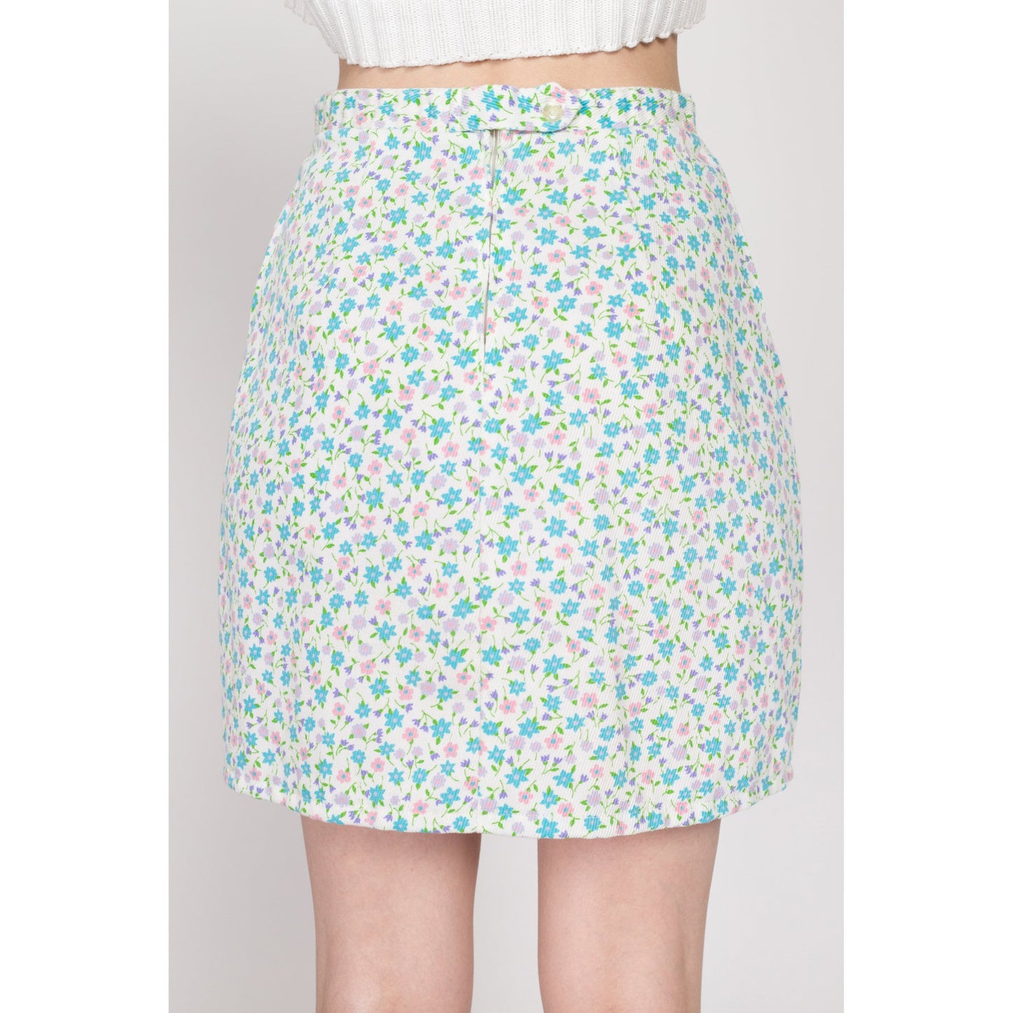 Small 60s Ditsy Floral Ribbed Mini Skirt | Vintage White Blue Pink High Waisted Boho Pencil Skirt