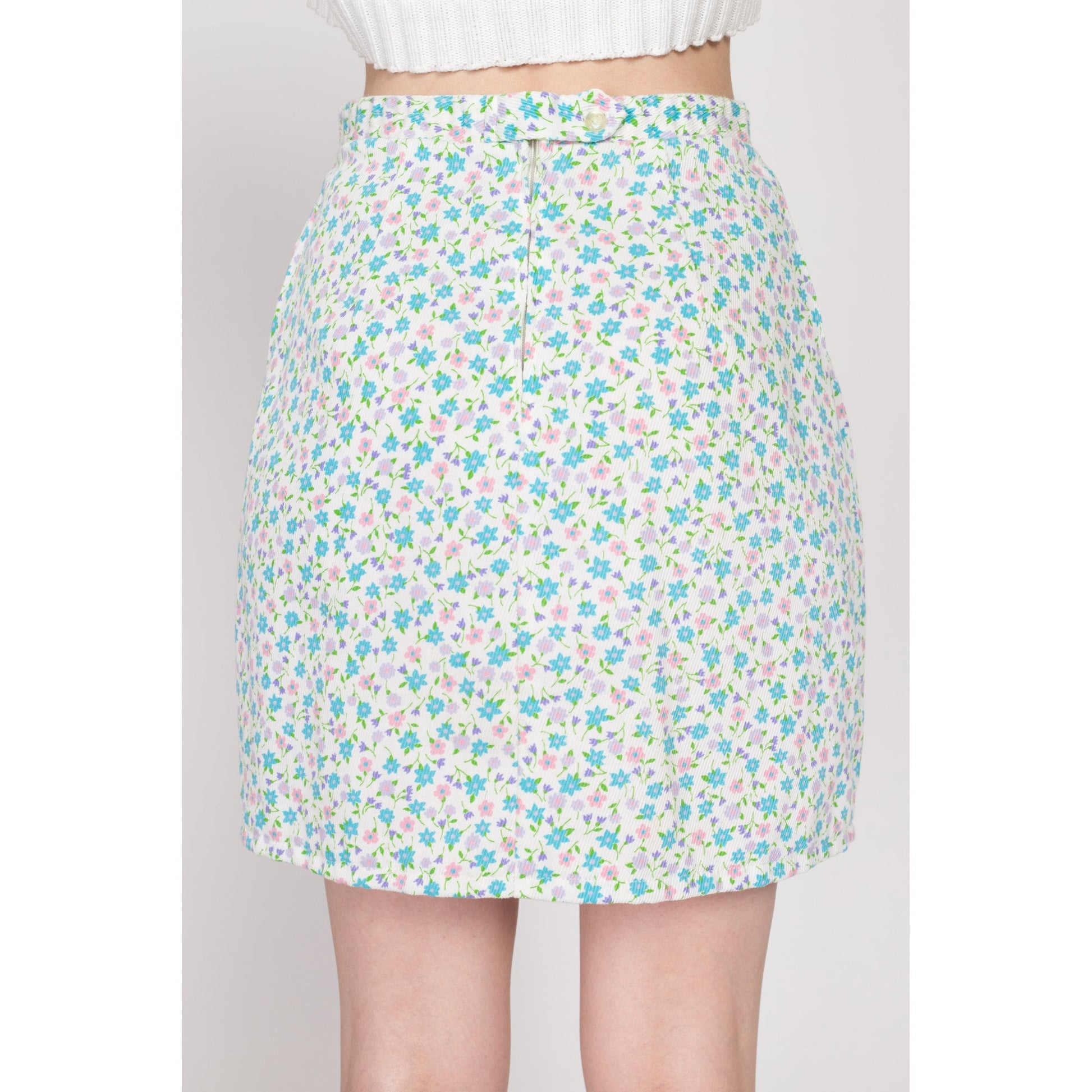 Small 60s Ditsy Floral Ribbed Mini Skirt | Vintage White Blue Pink High Waisted Boho Pencil Skirt