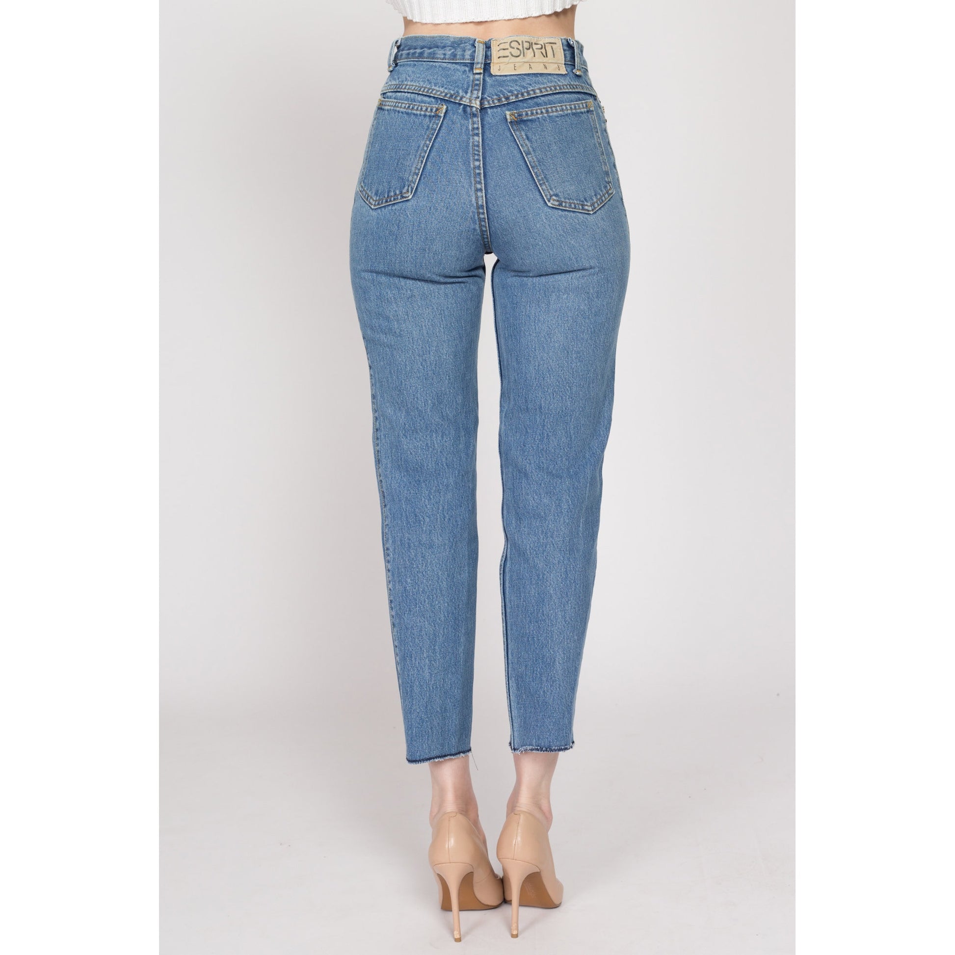 XS 90s Esprit High Waisted Cutoff Ankle Jeans 25" | Vintage Medium Wash Denim Tapered Leg Mom Jeans