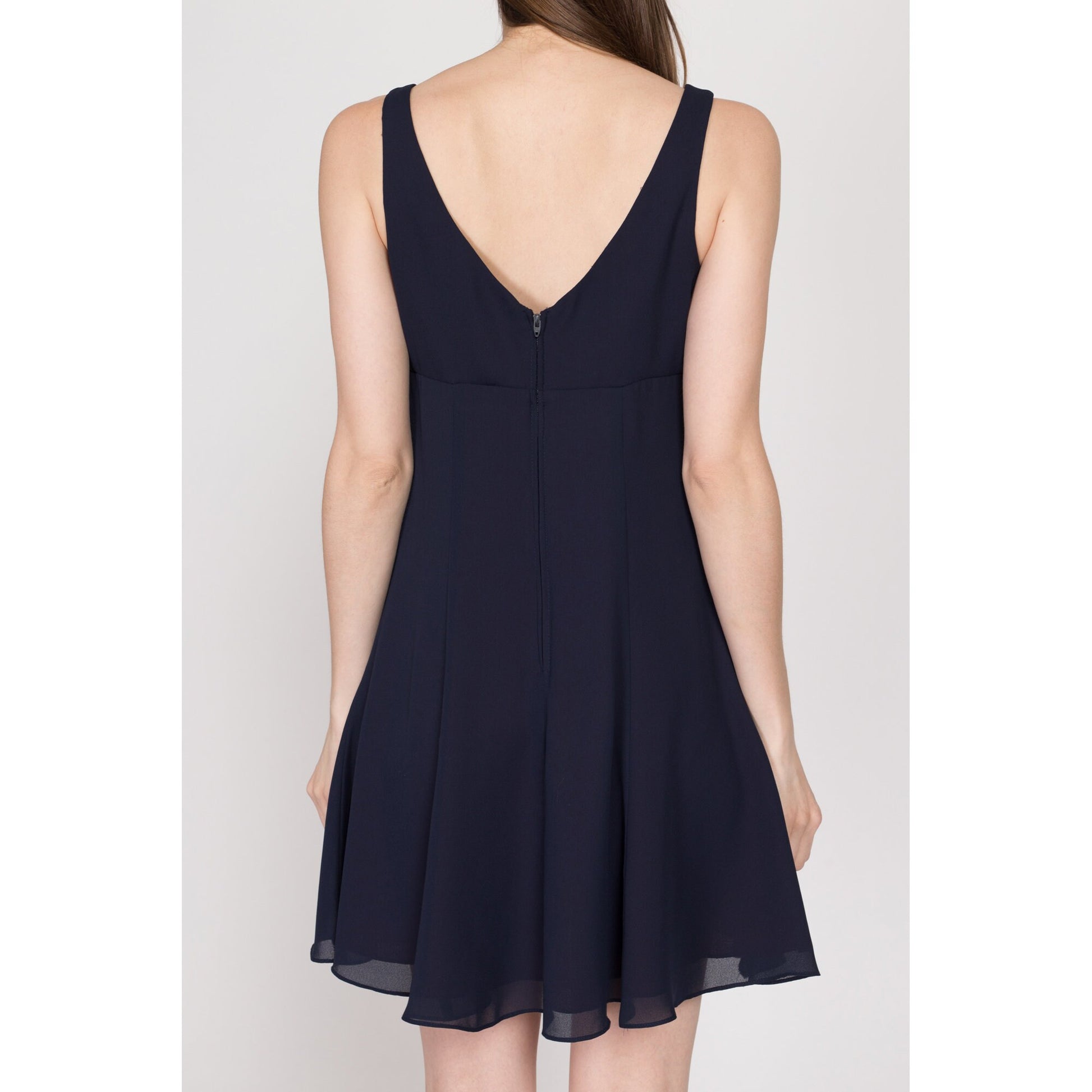 Small 90s Navy Blue Mini Babydoll Party Dress | Vintage Sleeveless A Line Flowy Cocktail Dress