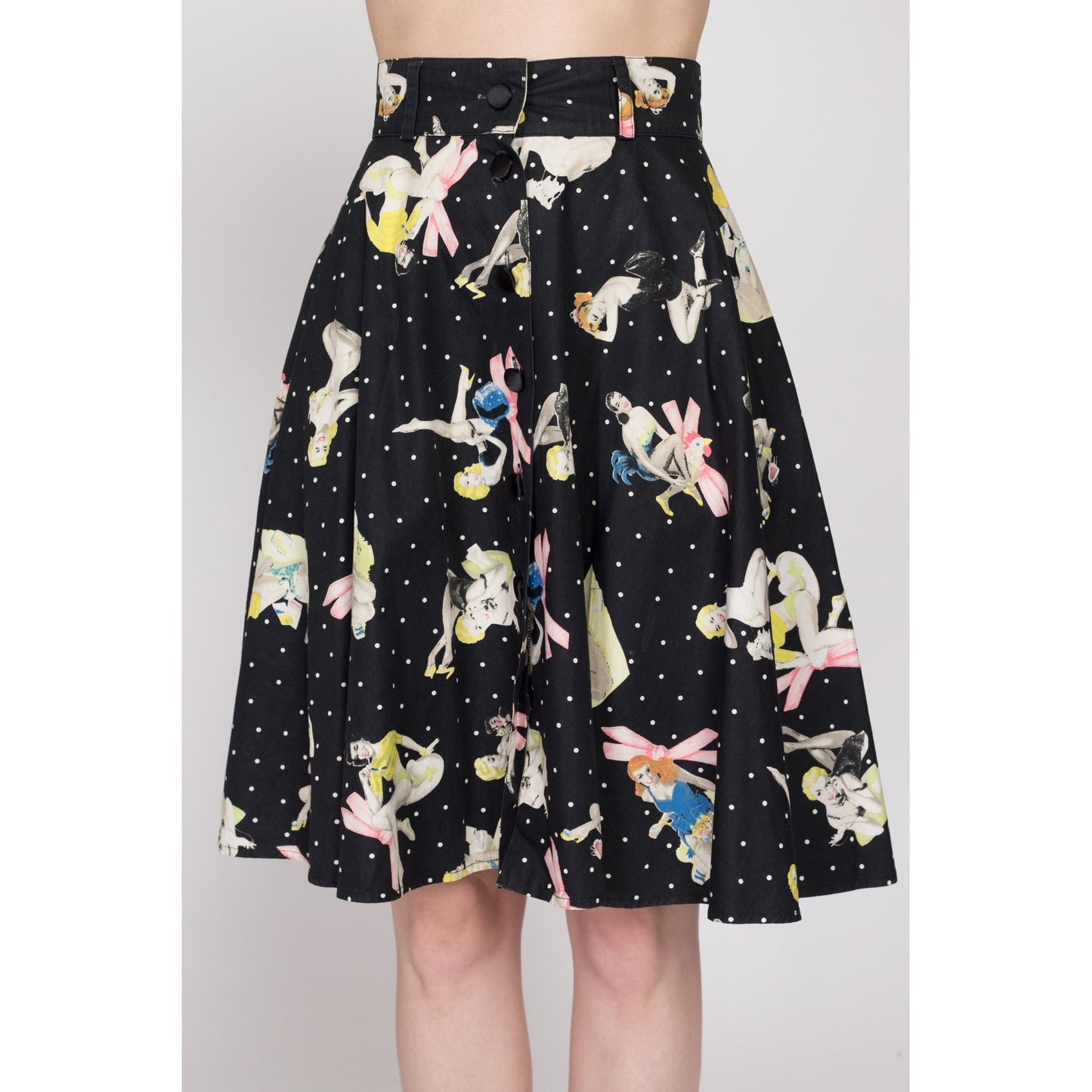 XS 90s Blumarine Pinup Girl Print Circle Skirt 25" | Vintage Designer Black Rockabilly High Waisted Knee Length Mini Skirt