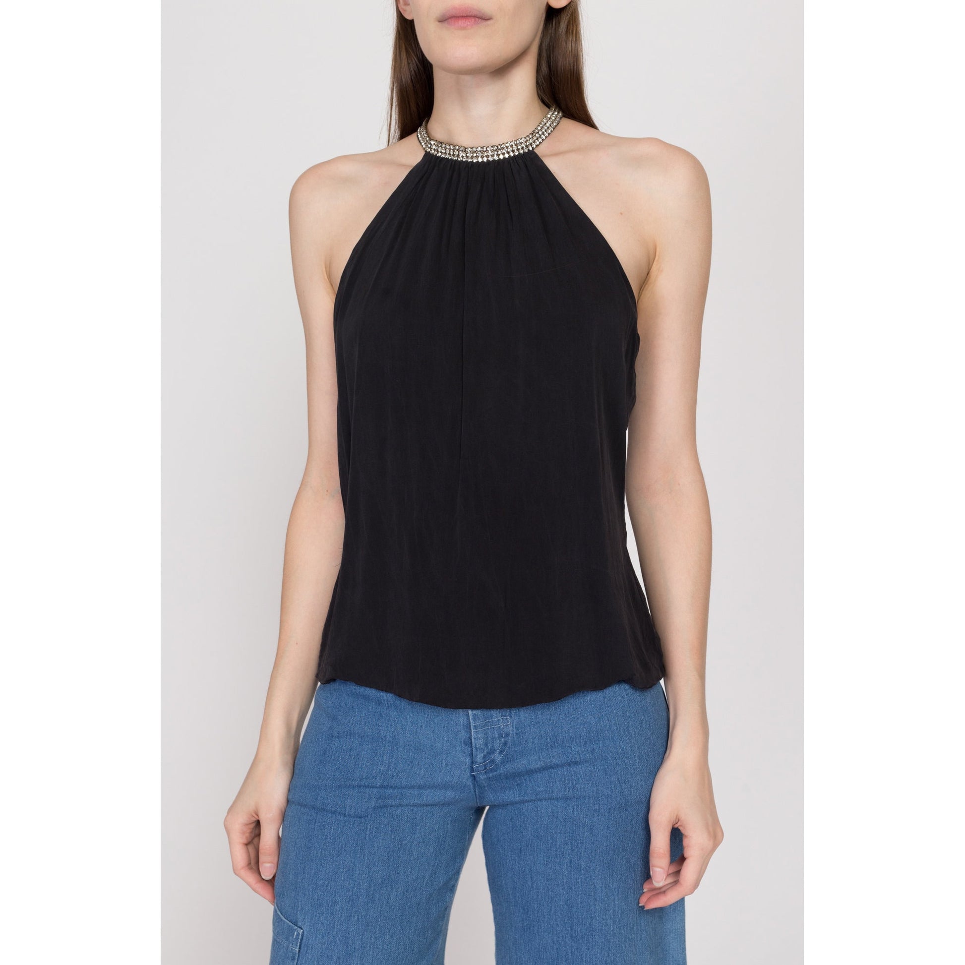 Medium Y2K Trina Turk Black Rhinestone Collar Top | Vintage Sleeveless Jeweled Halter Blouse