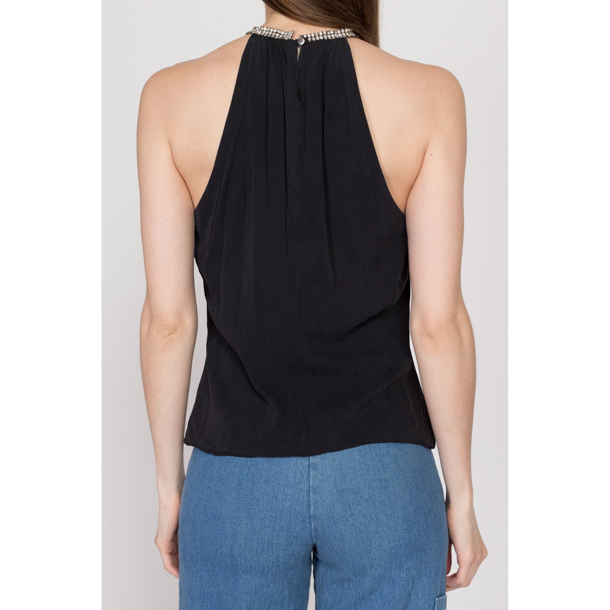 Medium Y2K Trina Turk Black Rhinestone Collar Top | Vintage Sleeveless Jeweled Halter Blouse