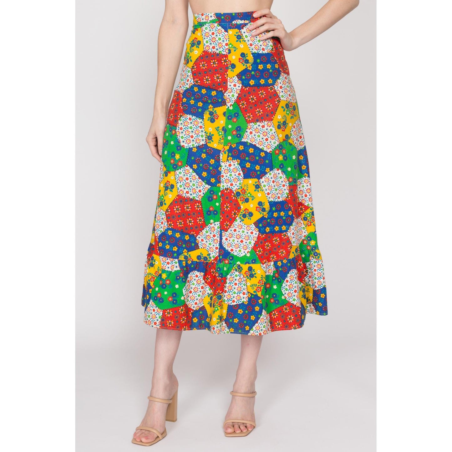 XS 70s Boho Floral Patchwork Midi Skirt | Vintage Colorful A Line Ruffle Trim Hippie Skirt