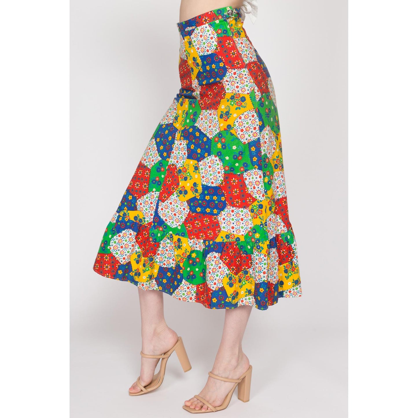 XS 70s Boho Floral Patchwork Midi Skirt | Vintage Colorful A Line Ruffle Trim Hippie Skirt