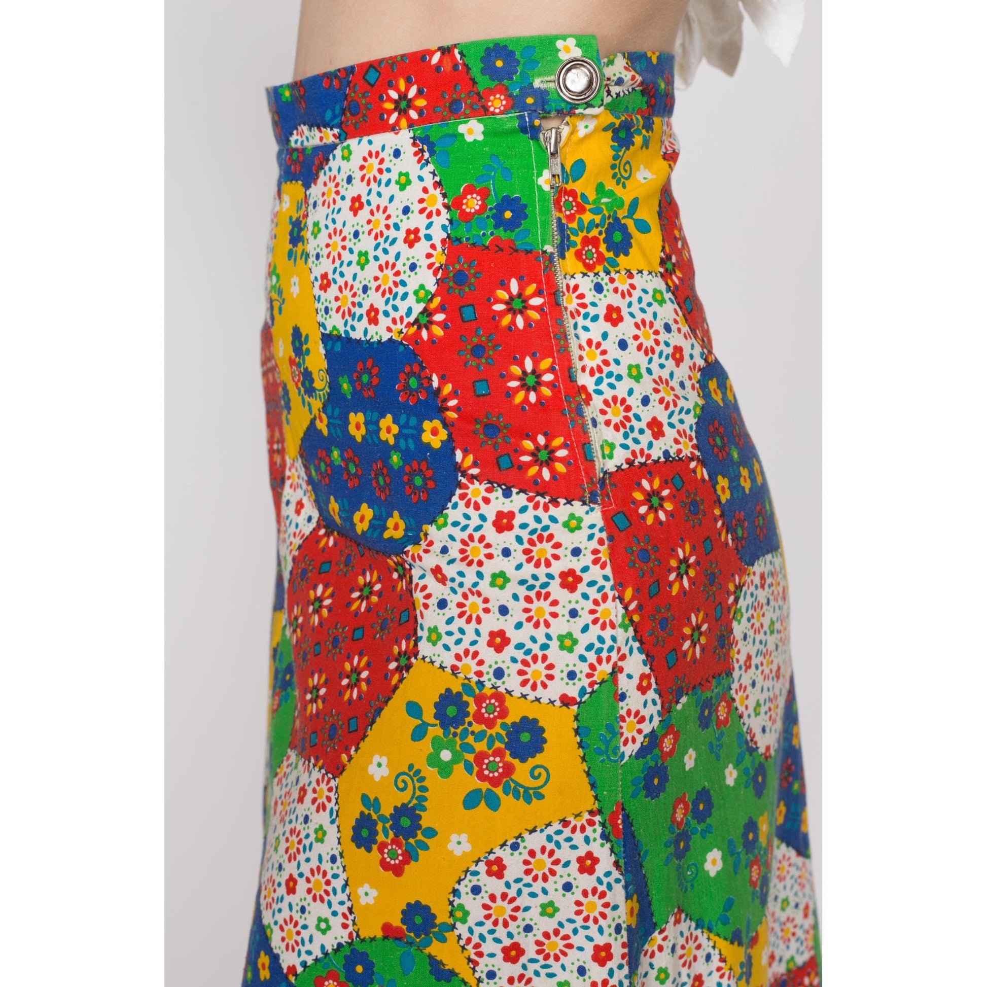 XS 70s Boho Floral Patchwork Midi Skirt | Vintage Colorful A Line Ruffle Trim Hippie Skirt