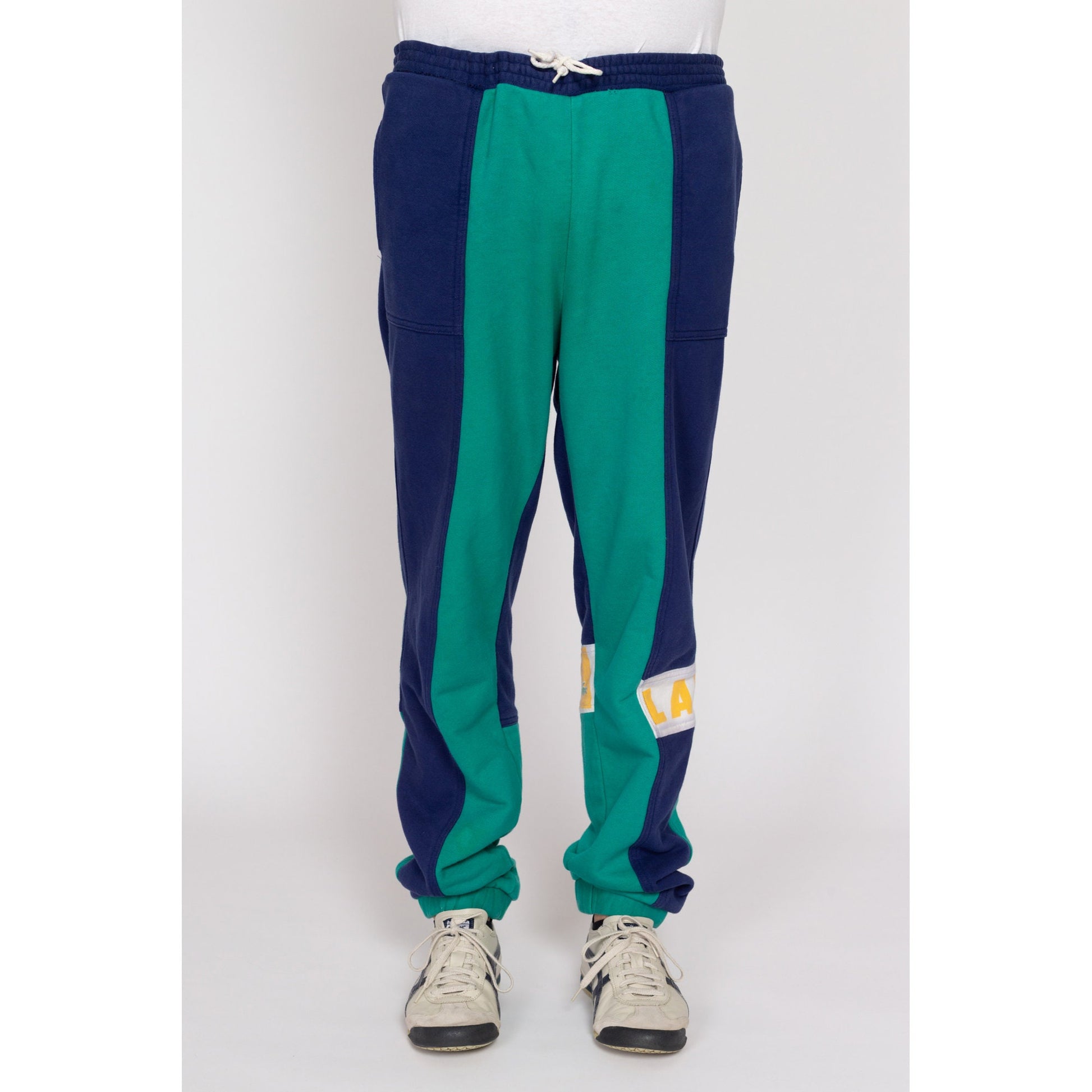 Med-Lrg 80s Izod Lacoste Color Block Sweatpants | Vintage Navy Blue Teal Athletic Wear Joggers Track Pants