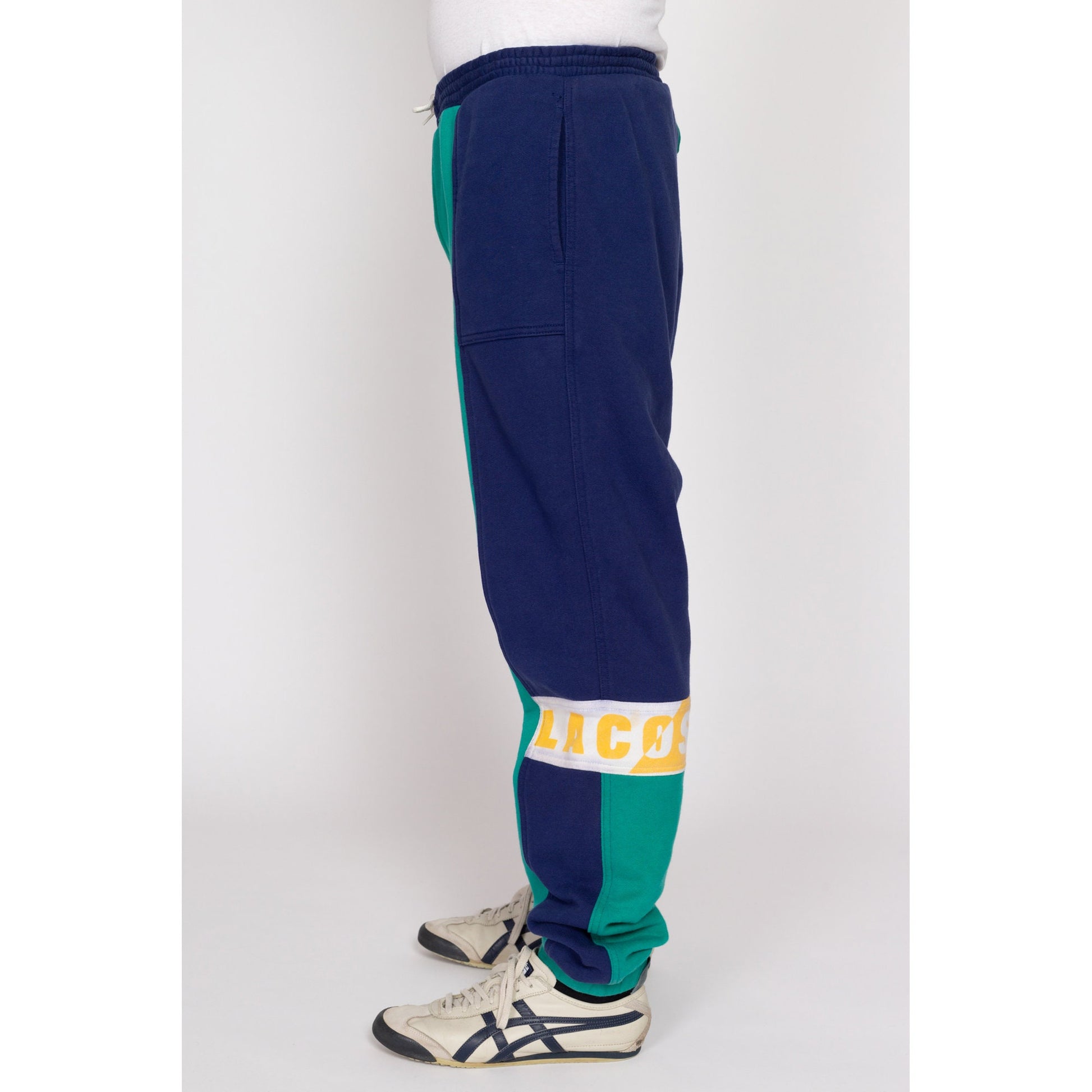 Med-Lrg 80s Izod Lacoste Color Block Sweatpants | Vintage Navy Blue Teal Athletic Wear Joggers Track Pants