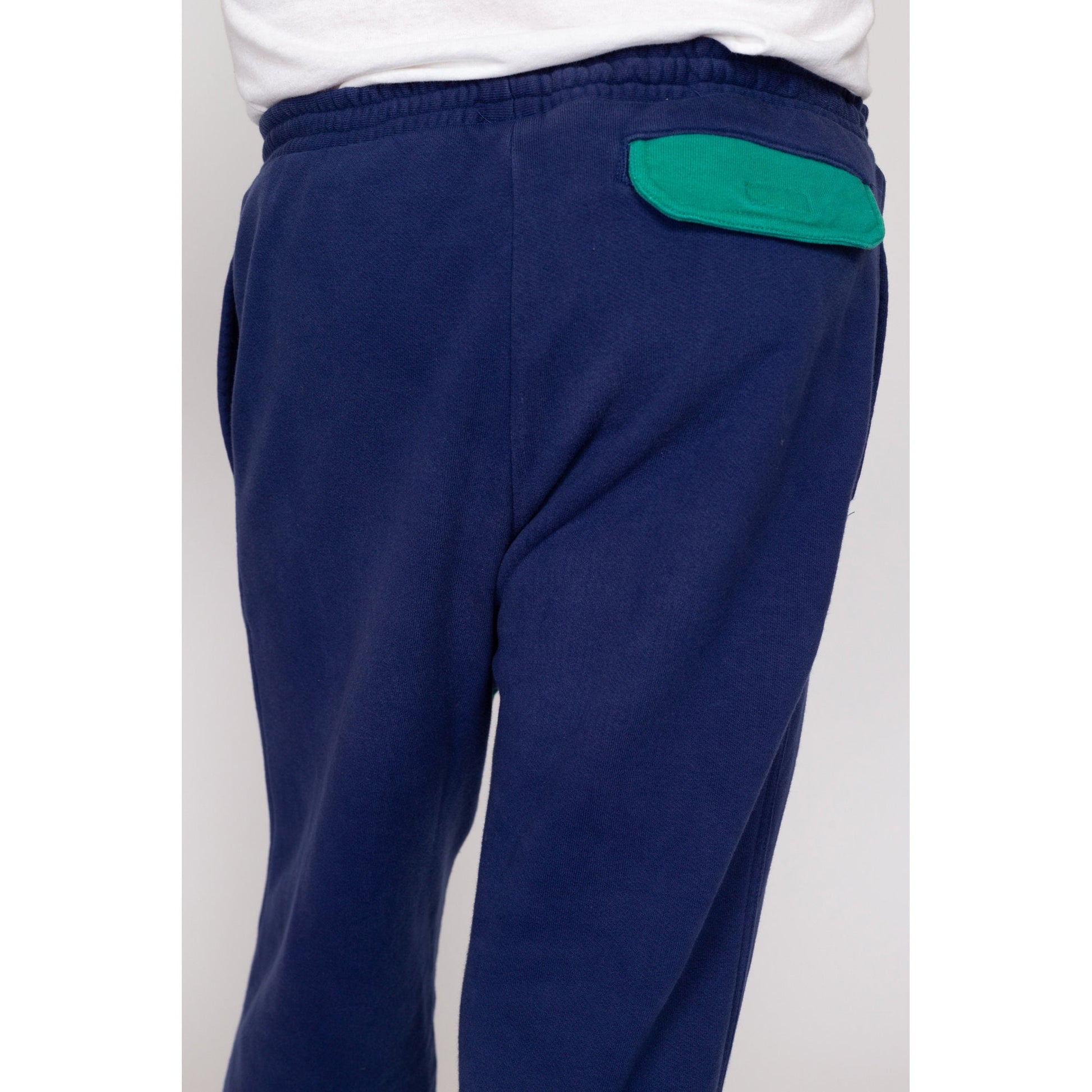 Med-Lrg 80s Izod Lacoste Color Block Sweatpants | Vintage Navy Blue Teal Athletic Wear Joggers Track Pants