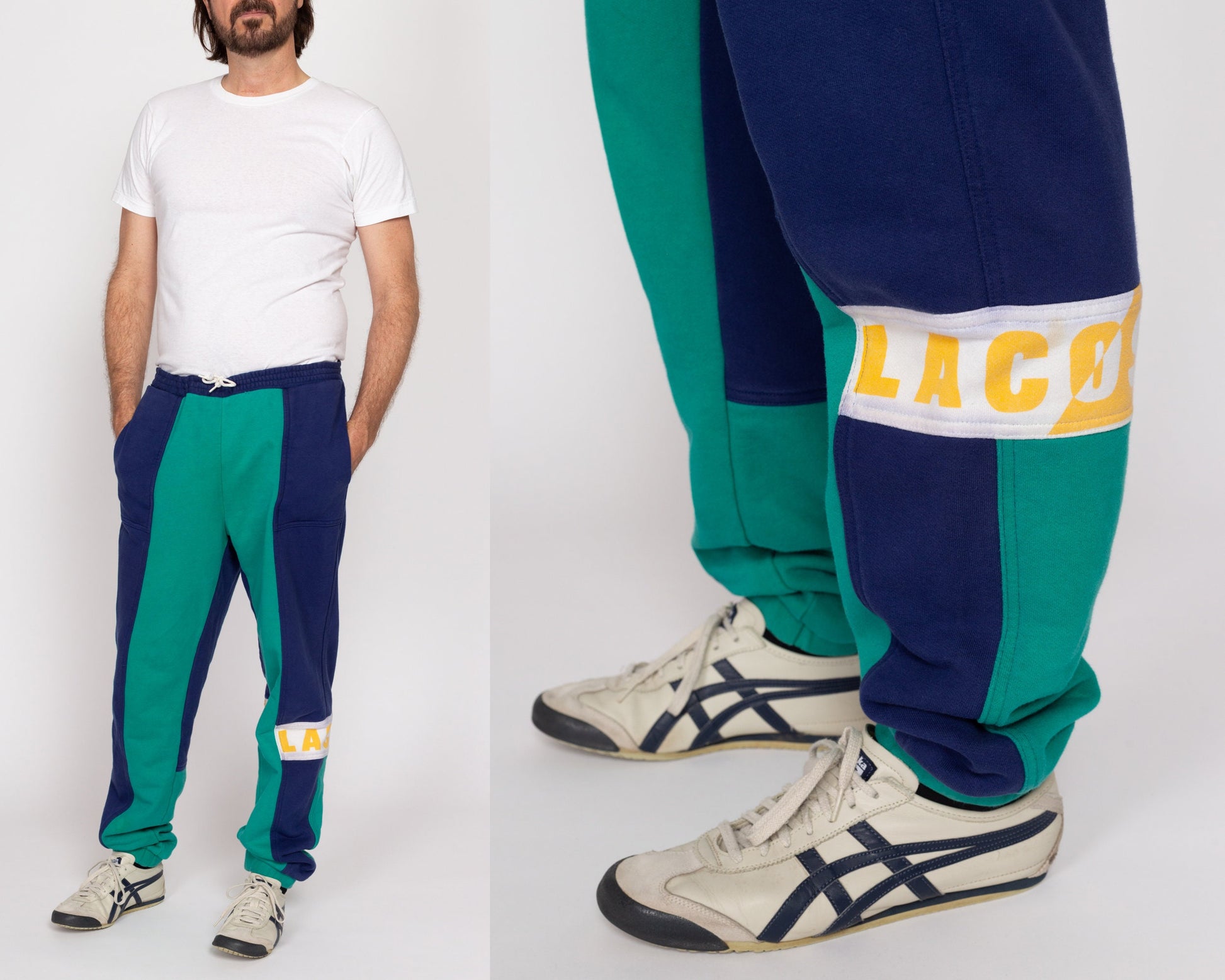 Med-Lrg 80s Izod Lacoste Color Block Sweatpants | Vintage Navy Blue Teal Athletic Wear Joggers Track Pants