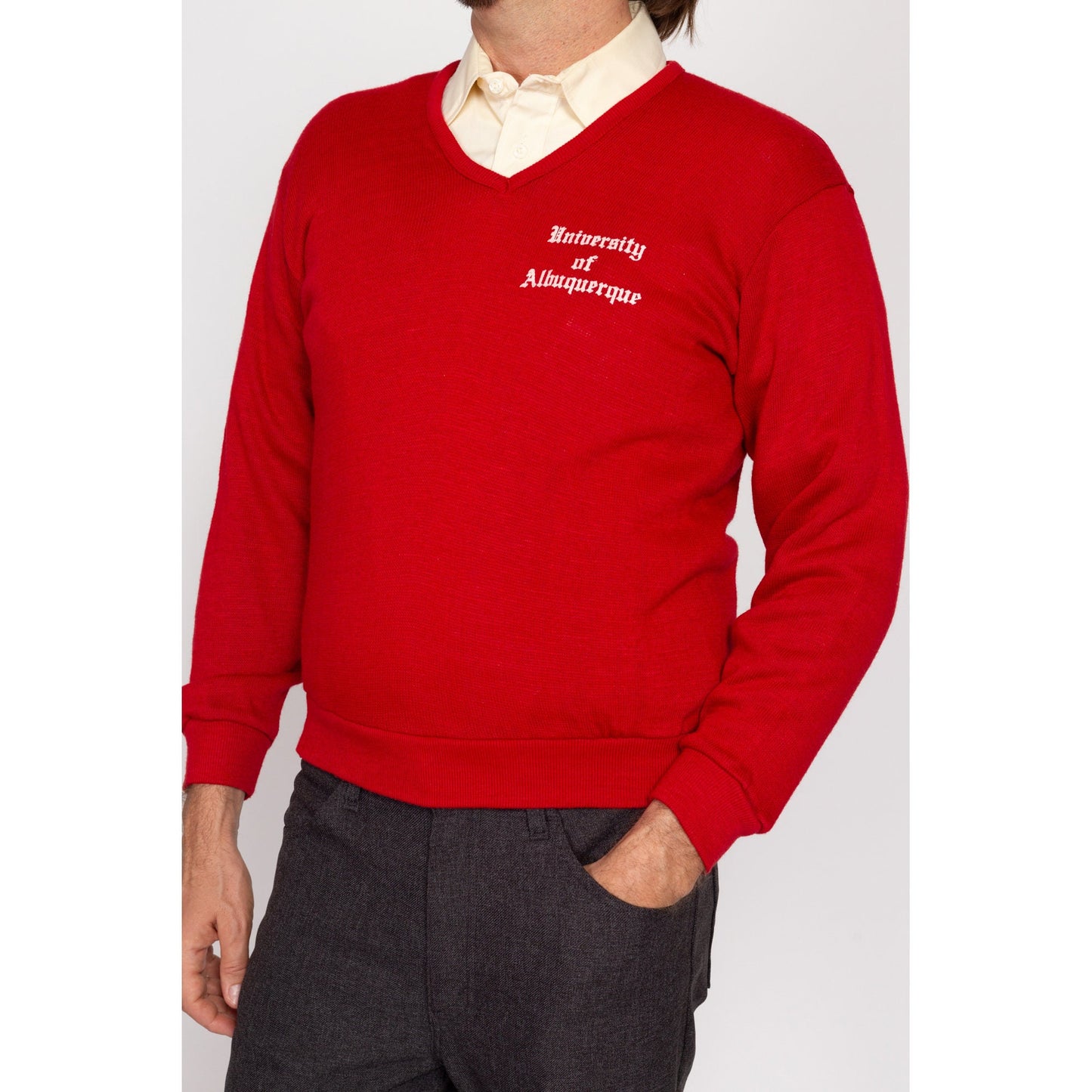 Small 70s University Of Albuquerque Red V-Neck Sweater | Vintage Knit Collegiate Pullover